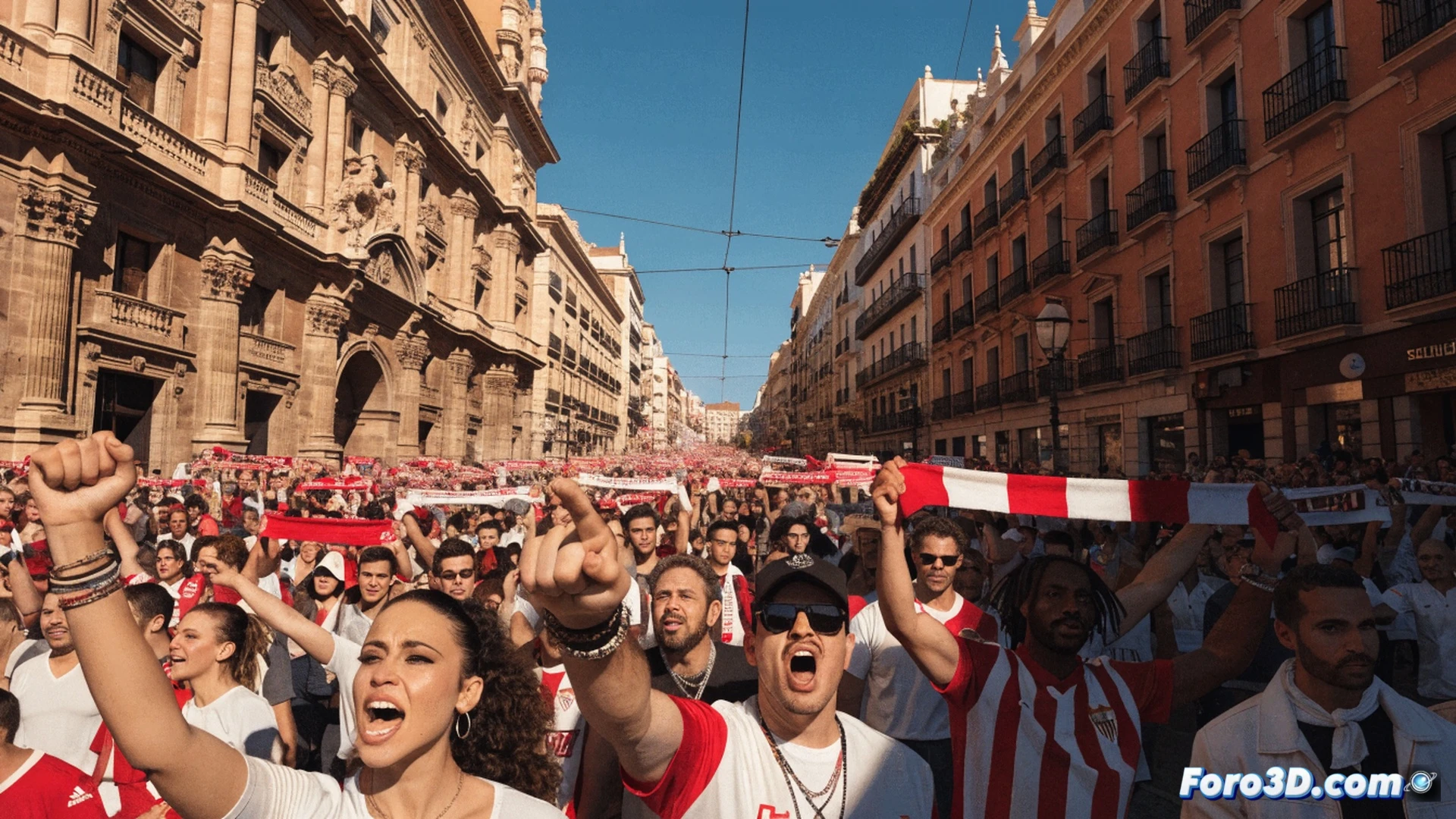 Multitud de aficionados del Sevilla, ondeando bufandas rojiblancas, marchando hacia el estadio Ramón Sánchez Pizjuán durante una protesta masiva, pancartas con lemas de cambio sostenidas en alto, tensión palpable en el aire mientras la multitud avanza, carteles digitales con gráficos financieros en descenso y estadísticas deportivas negativas proyectados sobre la fachada del estadio, estilo cinematográfico fotorrealista, iluminación dramática al atardecer, profundidad de campo amplia, texturas detalladas de banderas y vestimenta, ambiente de urgencia colectiva
