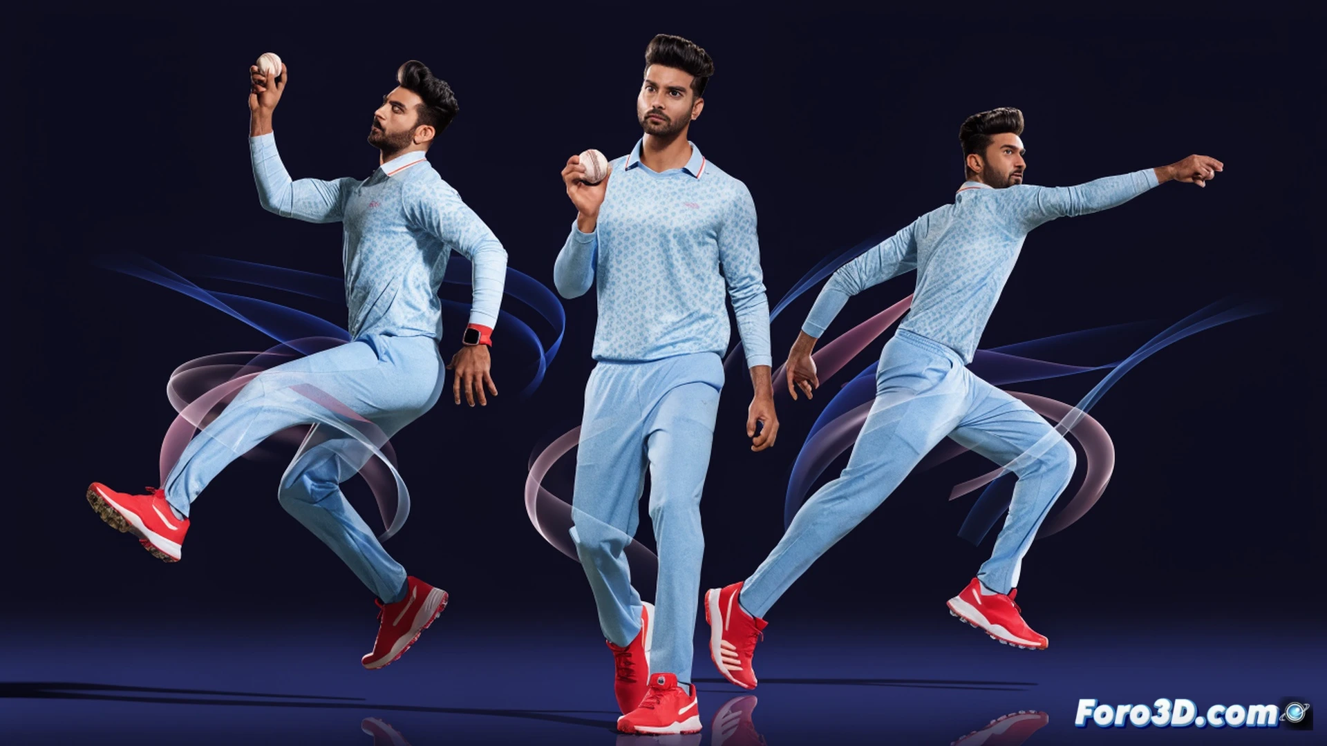 cricket bowler Shadab Khan mid-delivery in 3D motion capture studio, googly grip shown with wrist rotated 90 degrees, trajectory lines tracing ball spin axis and pace variation from 85 km/h to 95 km/h, batter's feet analyzed with glowing footwork heatmap, pressure moment during death overs, cinematic technical visualization, dark studio background with volumetric lighting, wireframe skeleton overlay on bowler, slow-motion particle trails from ball, realistic skin and jersey textures, high-end sports biomechanics render