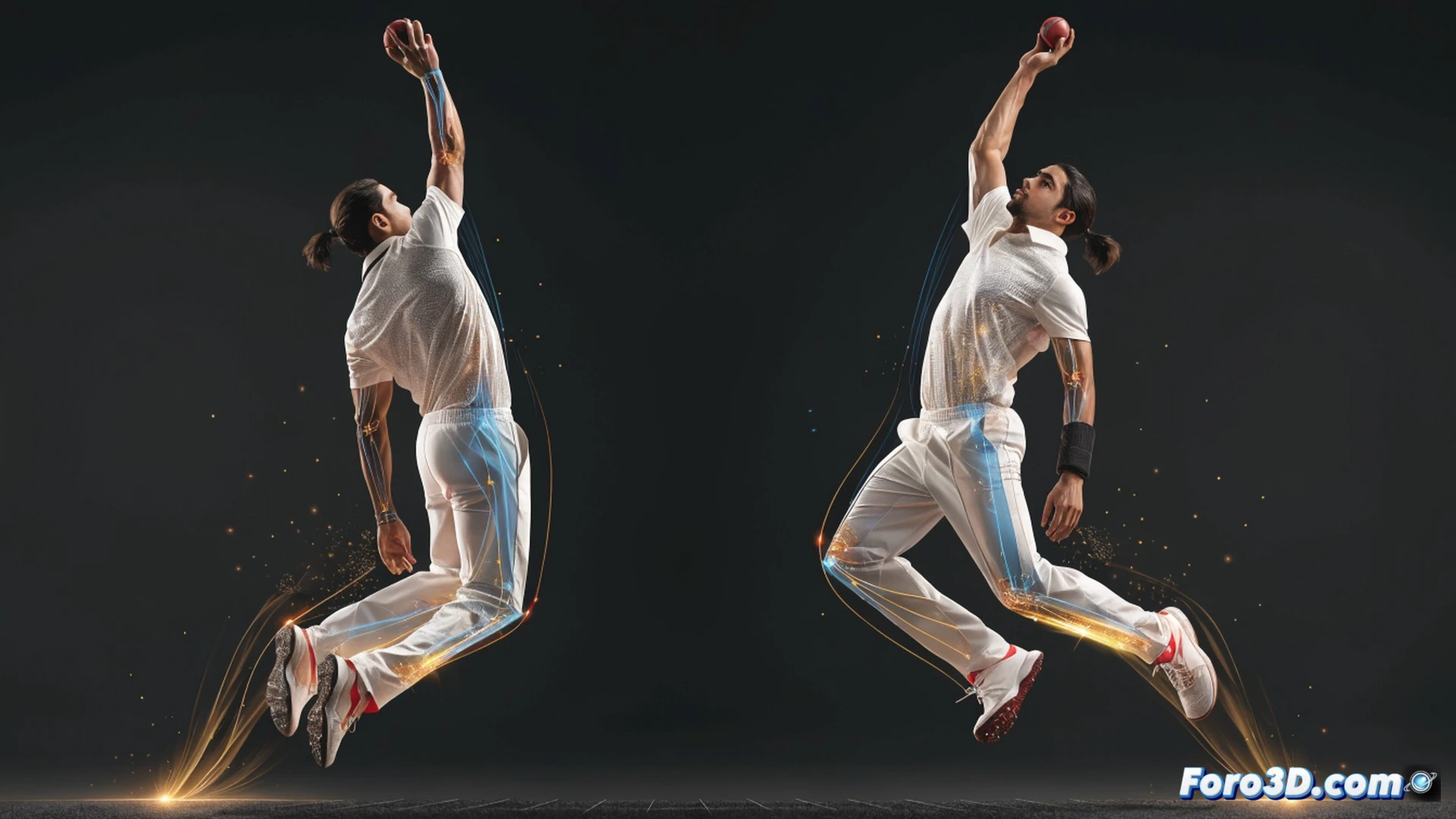 biomechanics analysis of Shaheen Shah Afridi bowling action, tall cricketer in delivery stride releasing a cricket ball, long left arm at full extension during high release point, vertical jump generating extra bounce off the pitch, 3D skeletal overlay showing arm angle and leg drive, motion capture markers on joints, trajectory lines from hand to pitch impact point, glowing force vectors indicating ground reaction and torque, photorealistic sports science visualization, cinematic stadium lighting, red cricket ball with motion blur, detailed muscle and bone structure visible through translucent skin, technical engineering illustration style, ultra-realistic render