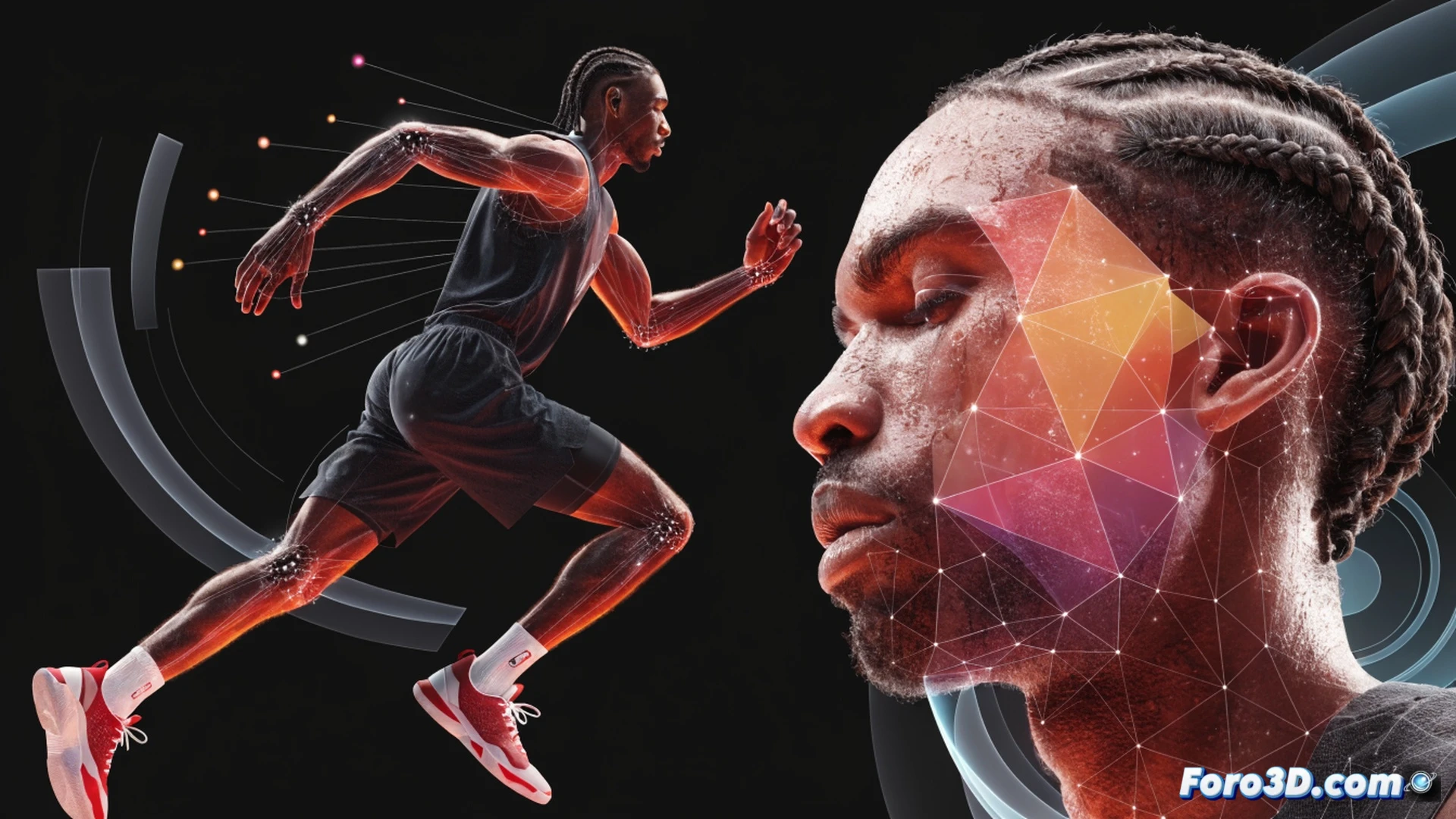 High-contrast 3D biomechanical analysis of a basketball player mid-drive, left foot planted, torso twisted, right arm extending for a finger-roll layup. Transparent skeletal overlay shows hip rotation and knee angle. Glowing trajectory lines trace sudden deceleration from sprint to stop. Surrounding holographic wireframes display defensive players frozen in space. Dark gym background with cold blue rim lighting, sweat droplets frozen in motion. Cinematic technical illustration style, photorealistic skin texture, metallic muscle fiber highlights, engineering visualization of torque and momentum vectors.