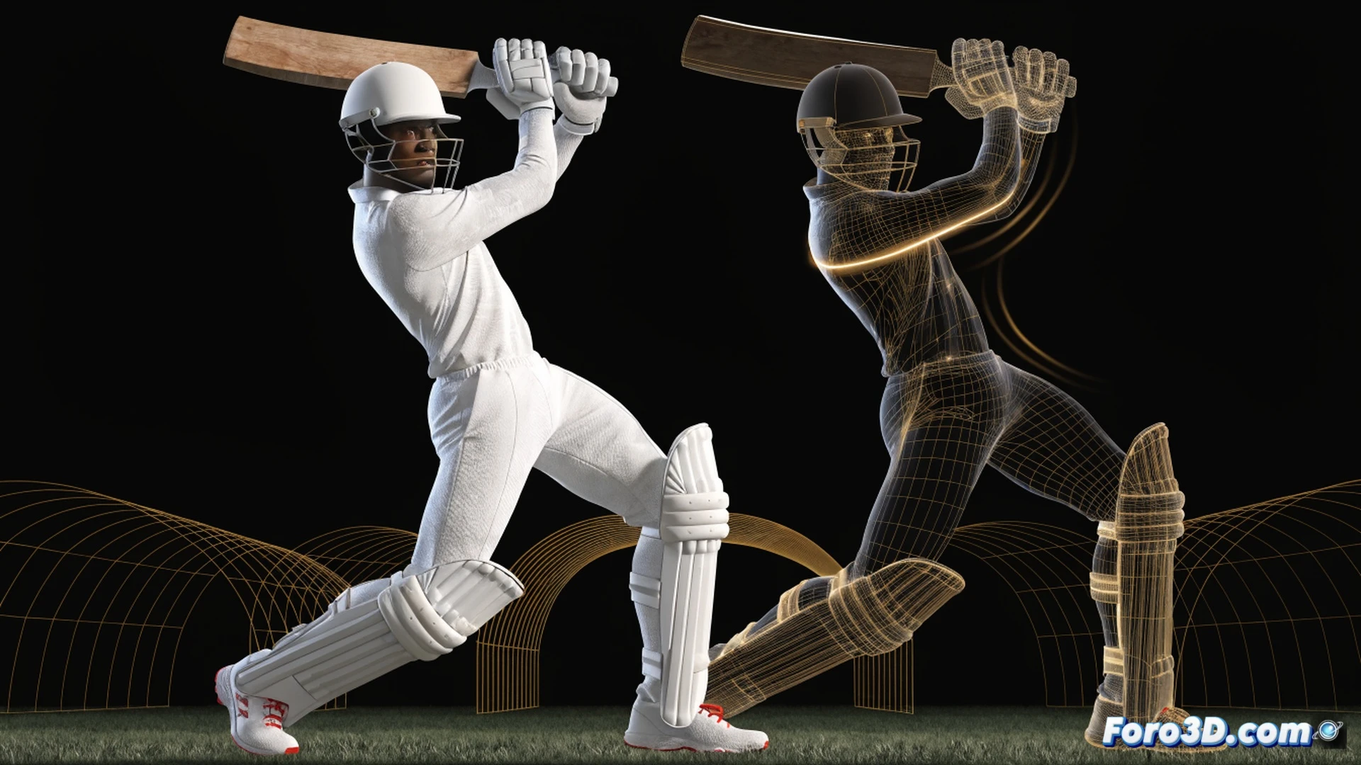 three-dimensional biomechanical analysis of Shai Hope batting stance, motion capture skeleton wireframe overlay on cricketer during forward defensive shot, red trajectory lines showing bat swing path and contact point, green markers indicating weight transfer efficiency, blue heatmap zones on pitch showing selective shot regions, cricket pitch with stumps and bails, holographic axis grids floating around player, split-screen comparison of ODI versus Test format movement patterns, cinematic technical illustration style, dark studio background with rim lighting on athlete, translucent skeletal model revealing joint angles and torque vectors, ultra-detailed muscle activation mapping on arms and torso, photorealistic human anatomy combined with engineering visualization, dramatic shadow contrast highlighting balance and footwork precision