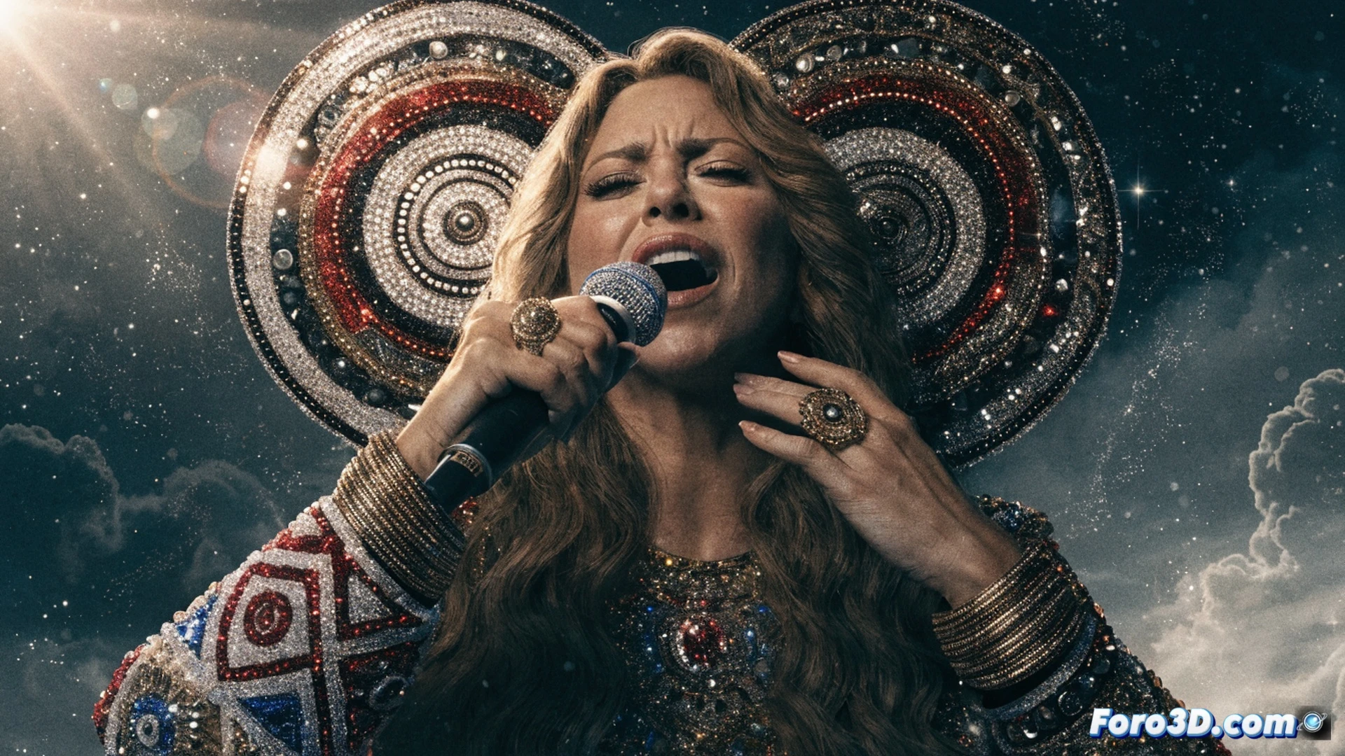 Shakira cantando en un escenario con forma de balón de fútbol gigante, tres trofeos de la Copa del Mundo brillando detrás de ella, representando los años 2006, 2010 y 2014, mientras una proyección digital del mapa de América del Norte ilumina el suelo del estadio, audiencia multicultural levantando brazos al ritmo de la música, auriculares inalámbricos y micrófono de condensador visibles en su equipo técnico, estilo cinematográfico con iluminación dramática de reflectores y humo escénico, photorealistic render