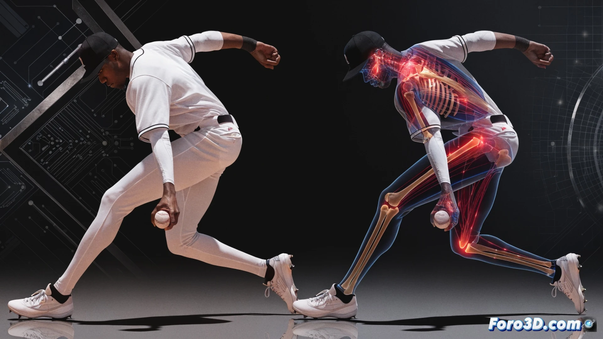 biomecánica de lanzador de cricket en análisis 3D, cuerpo humano en pose de lanzamiento agresivo con rotación de cadera extrema, líneas de fuerza y vectores de movimiento superpuestos en rojo y naranja sobre el brazo y la columna, modelo esquelético semitransparente mostrando tensión en hombro y muñeca, panel de software biomecánico con gráficos de velocidad articular y torque, fondo oscuro de laboratorio con luces LED azules, estilo ilustración técnica cinematográfica, ultra detallado, render fotorrealista