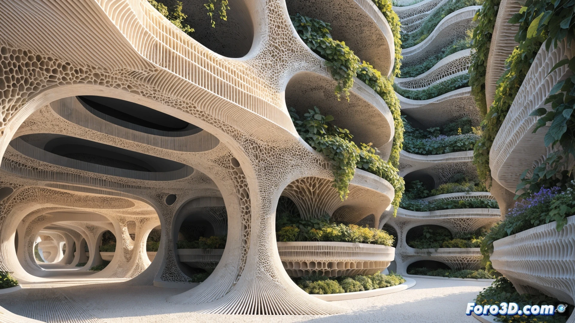 Large-scale 3D printer extruding a curved earthen wall layer by layer, robotic arm moving precisely during construction of a circular farm structure, young green plants sprouting from printed soil modules nearby, irrigation tubes integrated into printed walls, solar panels on the roof powering the process, cinematic engineering visualization, warm golden hour sunlight casting long shadows, photorealistic technical render, ultra-detailed nozzle depositing clay mixture, steam rising from fresh print, agricultural tools hanging on scaffold, demonstration of sustainable food production