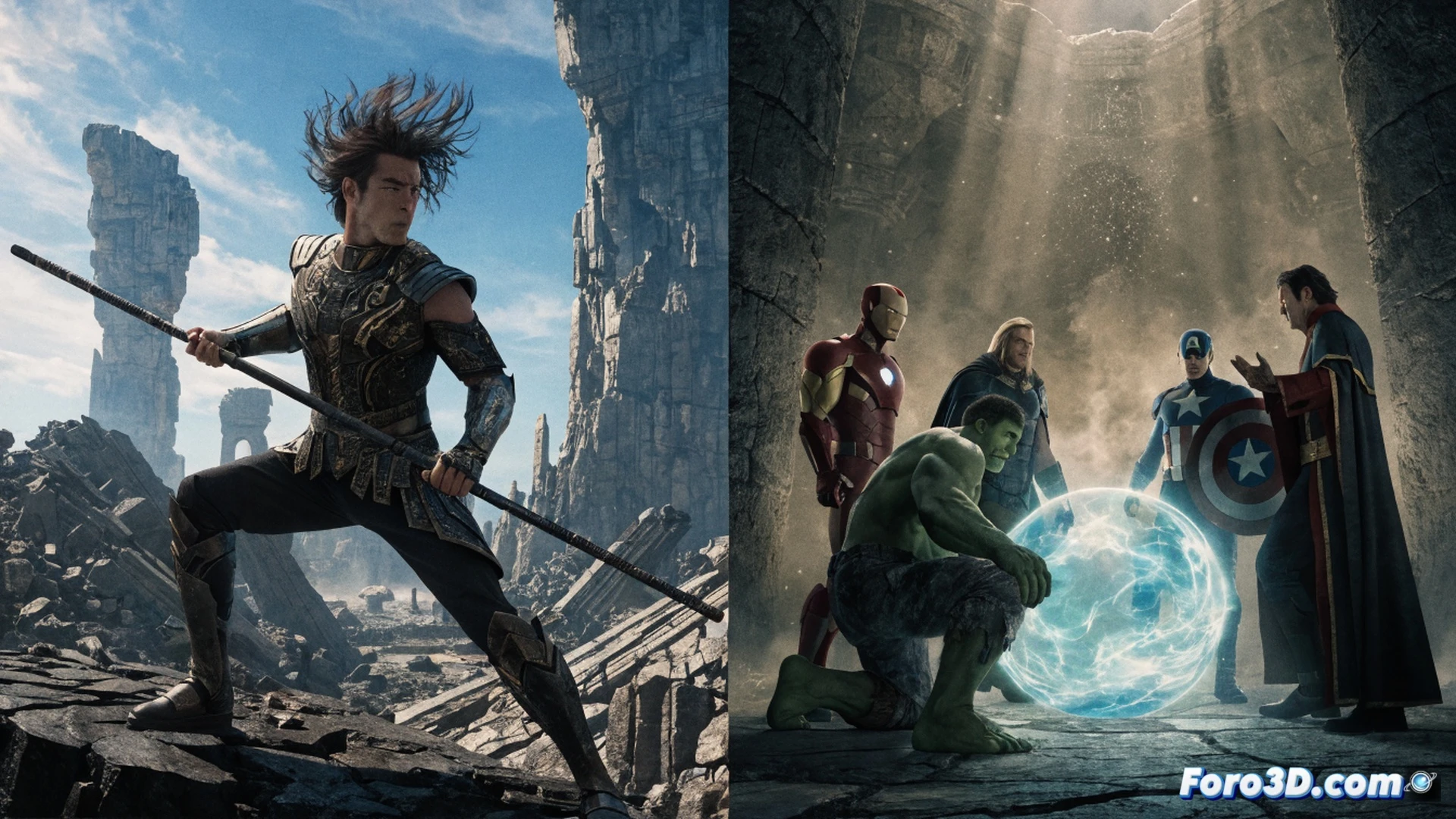 Cinematic scene of a martial artist in a red and black suit leaping mid-air inside a dimly lit high-tech command center, holographic Avengers symbol glowing on a central console, two engineers adjusting a damaged arc reactor on a workbench nearby, sparks flying from a circuit board, scattered blueprints and tablet screens displaying Avengers Doomsday timeline, photorealistic technical illustration, dramatic shadows from overhead industrial lights, motion blur on the fighter’s spinning kick, ultra-detailed metallic surfaces and holographic interfaces, tense action moment showing delayed development process.