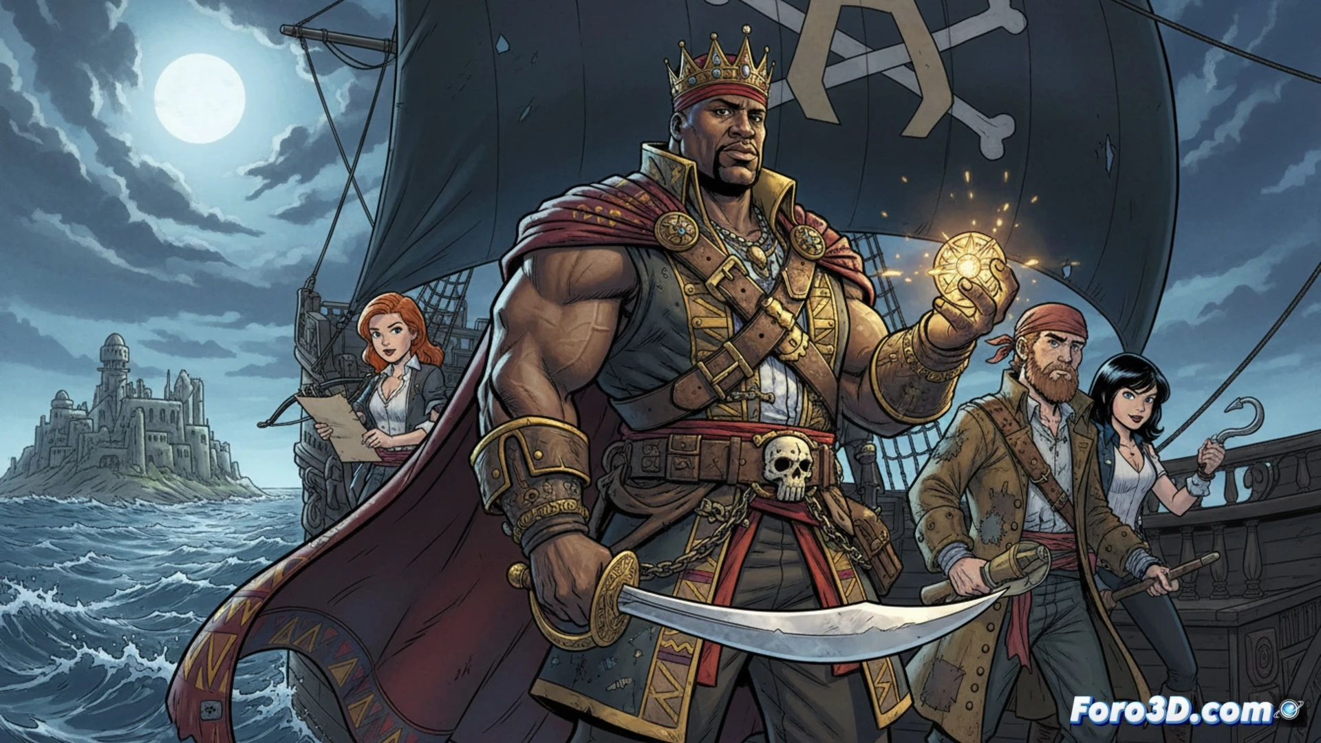 pirate ship deck battle scene, Black Caesar wielding a cutlass while leaping from a wooden crate, chains breaking on his ankle, crew of enslaved Africans rising behind him, stormy sea and dark clouds, cannon smoke drifting, glowing treasure chest open with gold coins, cinematic comic book style, dynamic action pose, dramatic lighting from cannon fire, ultra-detailed pirate clothing and ship rigging, photorealistic illustration with comic inking textures