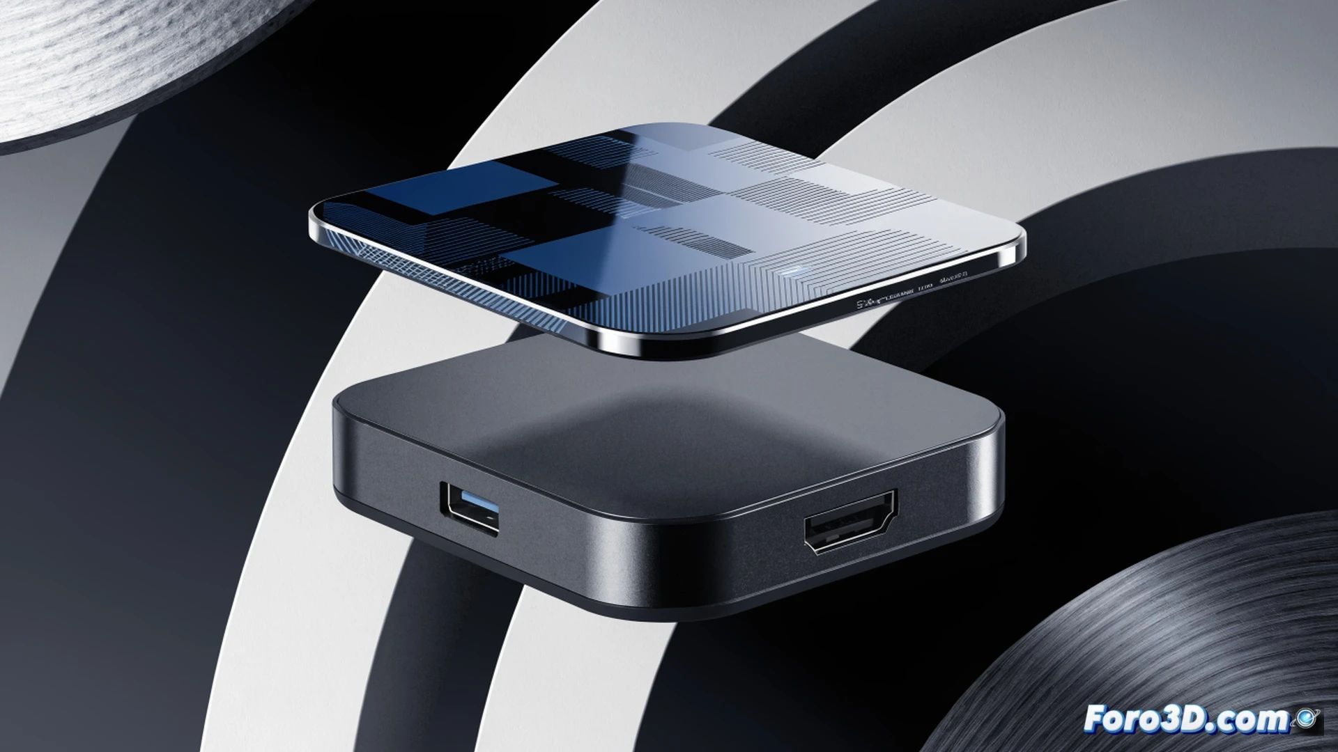 Sharge Disk Pro disco duro de 2TB del tamaño de una tarjeta de crédito conectado a un portátil ultradelgado, con un cable USB-C activo mientras una pantalla externa 4K muestra un video en reproducción, demostrando la salida HDMI simultánea, sobre una mesa de trabajo con un café y un cuaderno, iluminación de estudio suave, estilo fotorealista de producto, textura metálica del disco, puertos visibles en el lateral, sombras nítidas, fondo desenfocado con planta y lámpara minimalista, render técnico de alta definición