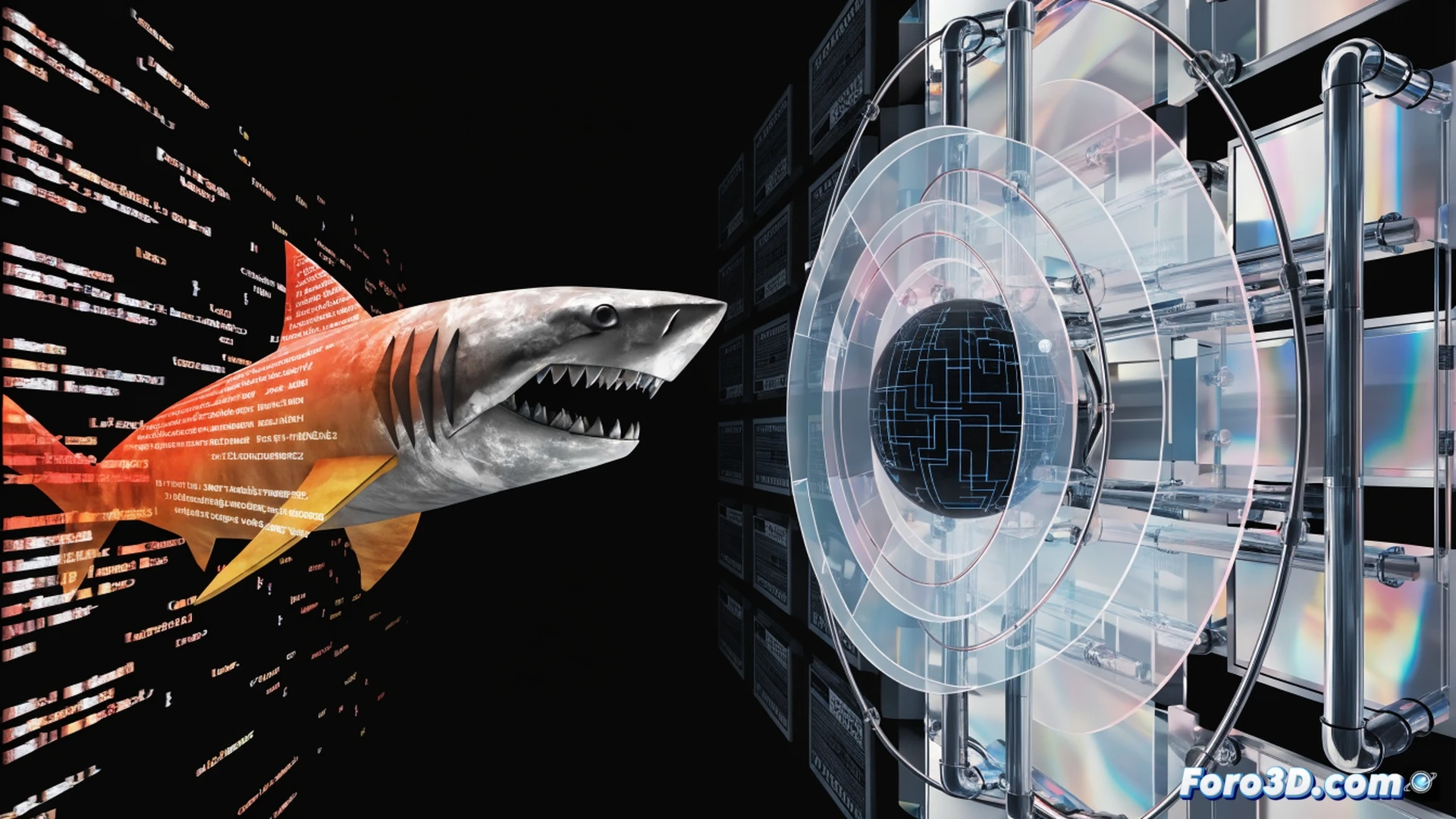 cyber attack visualization showing SharkLoader malware injecting Cobalt Strike beacon into a corporate server rack, red code streams flowing from a cracked laptop screen into network cables, data packets shaped like shark fins swimming through glowing ethernet lines toward a bank database server, server lights flickering red during intrusion, technical illustration style, dark server room with blue emergency lighting, circuit board patterns visible on infected devices, firewall logs displaying blocked connections being bypassed, photorealistic cybersecurity visualization, dramatic shadows, metallic server chassis, holographic threat indicators floating above compromised systems