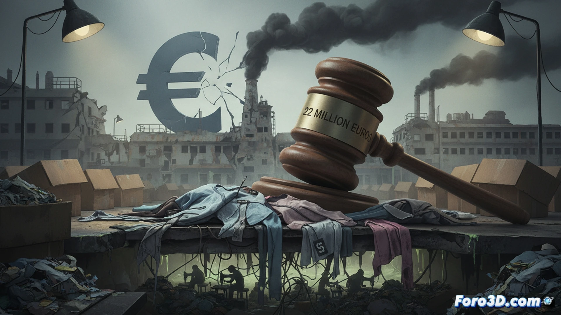 Cinematic photorealistic scene of a massive digital warehouse interior, rows of identical cheap clothing items hanging on automated conveyor belts, a transparent holographic price tag floating above each garment showing a glowing 2 euro symbol, while robotic arms with broken gears and frayed wires struggle to maintain the illusion, a cracked smartphone screen on the floor displays a French government warning document, dim fluorescent lighting casting harsh shadows, dust particles floating in the air, worn-out textile scraps piling up in the background, ultra-detailed mechanical failures, dramatic industrial atmosphere