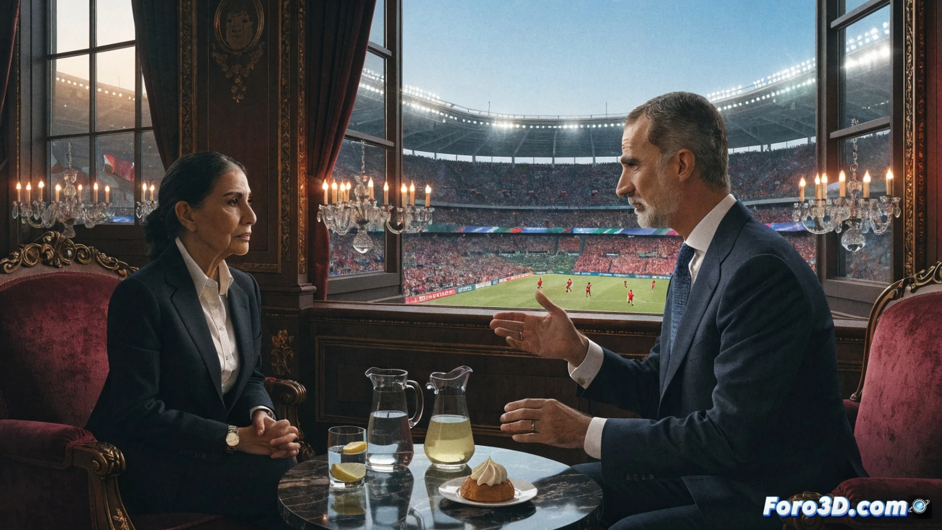 diplomatic handshake between Claudia Sheinbaum and King Felipe VI in a modern Mexico City government meeting room, both standing beside a polished wooden table, a large screen behind them displaying a split view of a soccer stadium and a trade agreement document, technical engineers adjusting lighting and camera equipment during the scene, photorealistic cinematic visualization, warm ambient lighting, polished marble floor, subtle Mexican and Spanish flags on small stands, professional business attire, high-end architectural interior, ultra-detailed textures, realistic shadows