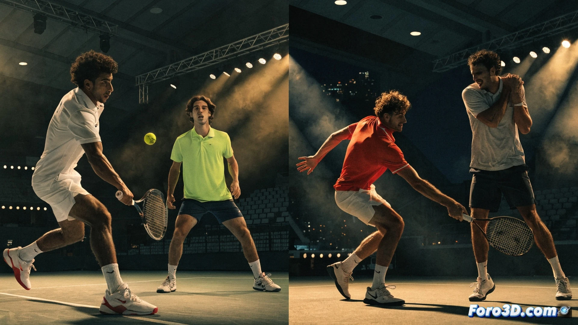 tennis court action shot, young player in white striking a forehand winner, opponent lunging unsuccessfully on clay, crowd in blurred background, dramatic sunlight casting long shadows, photorealistic sports photography, high-speed shutter capturing ball deformation, racquet string vibration visible, sweat droplets frozen mid-air, intense competitive atmosphere, ultra-detailed texture of clay surface, cinematic lighting with golden hour warmth