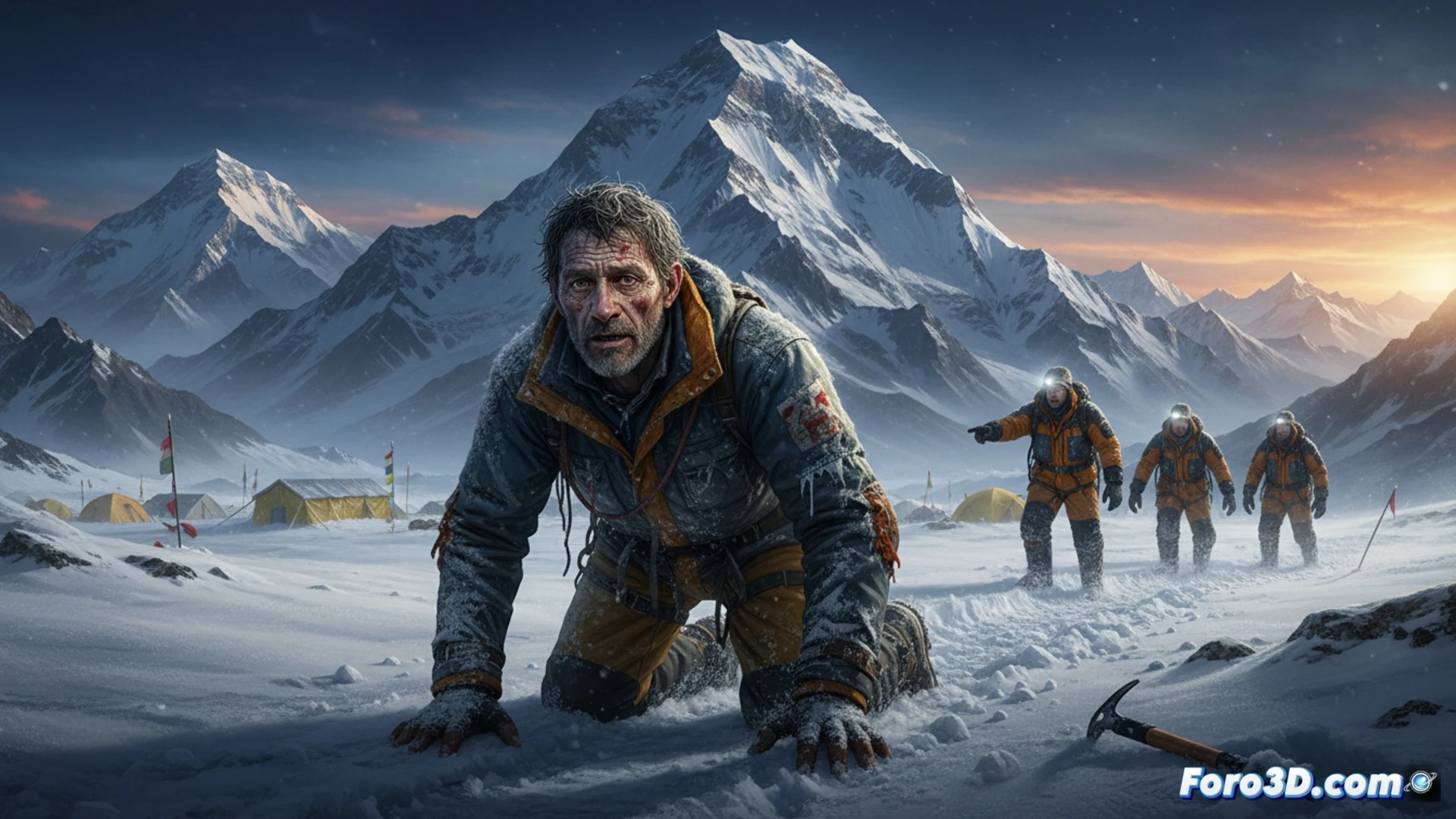 Sherpa climber crawling across glacial ice near Everest base camp, oxygen mask dangling, frostbitten hands gripping broken ice axe, torn red jacket flapping in harsh wind, rescue team in orange suits approaching with stretcher and portable oxygen tank, snow-covered rocky terrain, dramatic shadows from low sun, cinematic photorealistic style, extreme close-up showing exhausted face and frost particles on beard, blurred Himalayan peaks in background, ultra-detailed textures of ice and fabric, harsh alpine lighting with cold blue tones