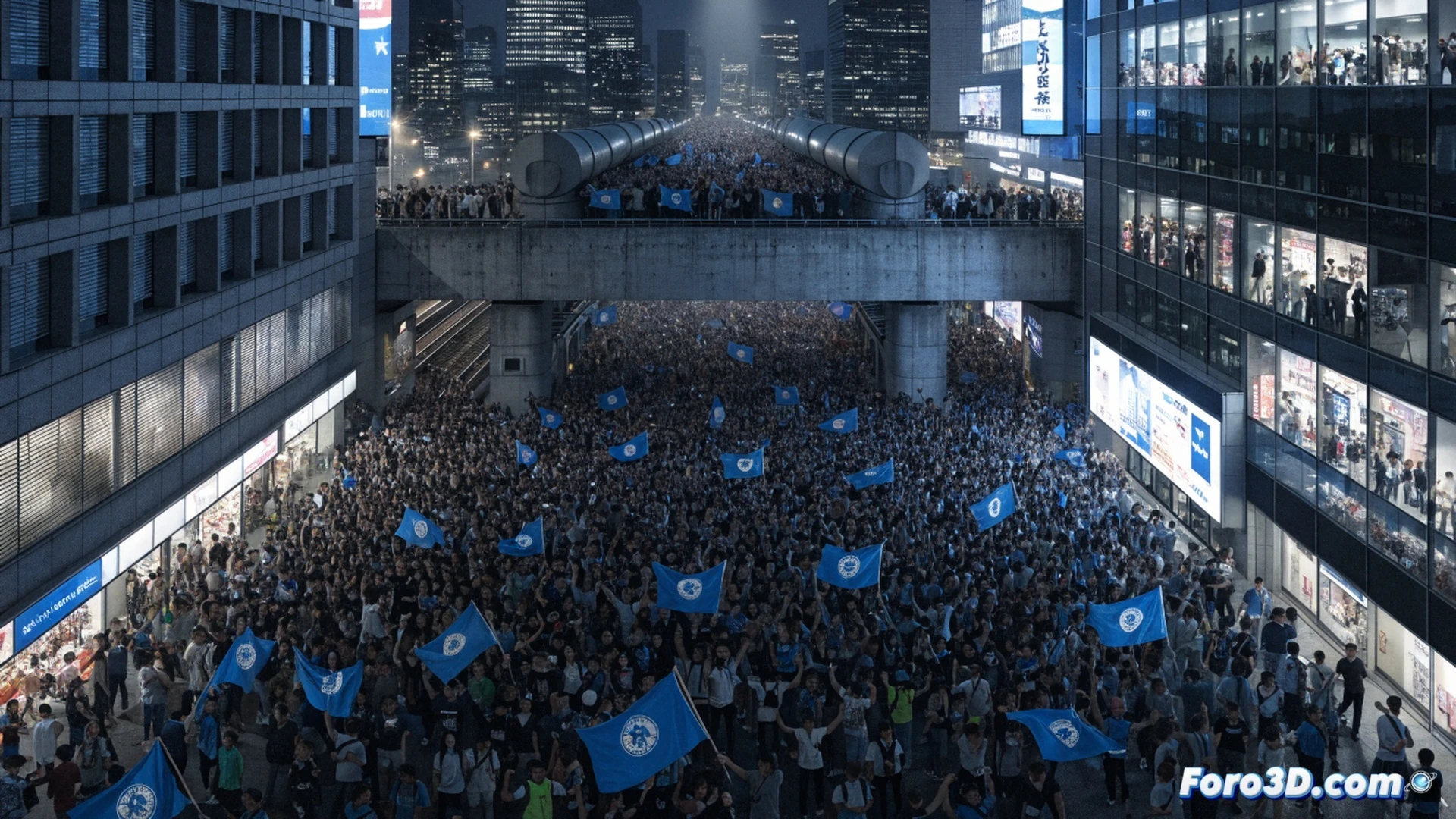 Cruce peatonal de Shibuya abarrotado de aficionados japoneses ondeando banderas azules durante una celebración mundialista, estación de tren saturada con barreras de seguridad desbordadas, pasajeros apiñados en escaleras mecánicas, trenes abarrotados con puertas forzadas, humo de bengalas azules elevándose, faroles led parpadeando en edificios, cinemática fotorealista, alta saturación cromática, desenfoque de movimiento en la multitud, iluminación nocturna dramática, reflejos de neón sobre asfalto mojado, composición grandilocuente