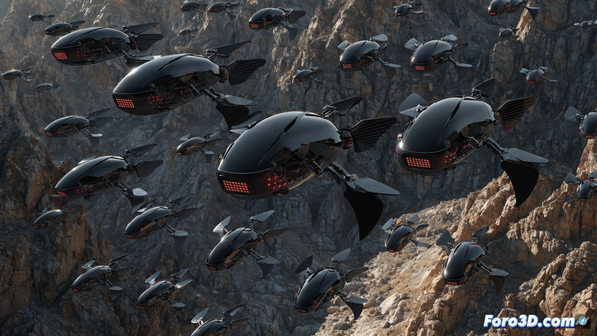 Hive-mind AI drone swarm navigating dense urban canyon without GPS, multiple quadcopters moving in coordinated formation between concrete buildings, onboard sensors scanning walls and rooftops, red tactical indicators on drone bodies, real-time local map data projected as holographic grid lines, one drone adjusting trajectory to avoid a collision, cinematic engineering visualization, photorealistic metallic drone surfaces, motion blur on rotors, glowing blue data streams connecting swarm, dramatic low-angle sunlight, ultra-detailed mechanical components, industrial atmospheric lighting