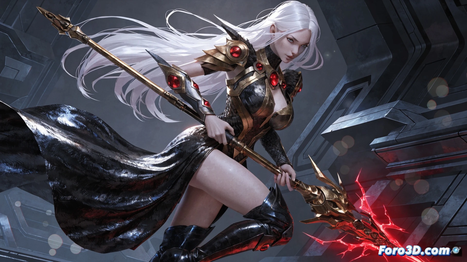 futuristic character designer adjusting holographic armor on a young female warrior model, translucent digital fabric shifting between provocative and armored states, motion capture sensors tracking body movement, stylized combat pose with glowing blade, cinematic technical illustration, neon blue and magenta lighting reflecting on polished surfaces, high-tech development studio background, holographic UI elements floating around the workstation, ultra-detailed character rigging wires visible, photorealistic game engine render, dramatic shadows emphasizing strong posture