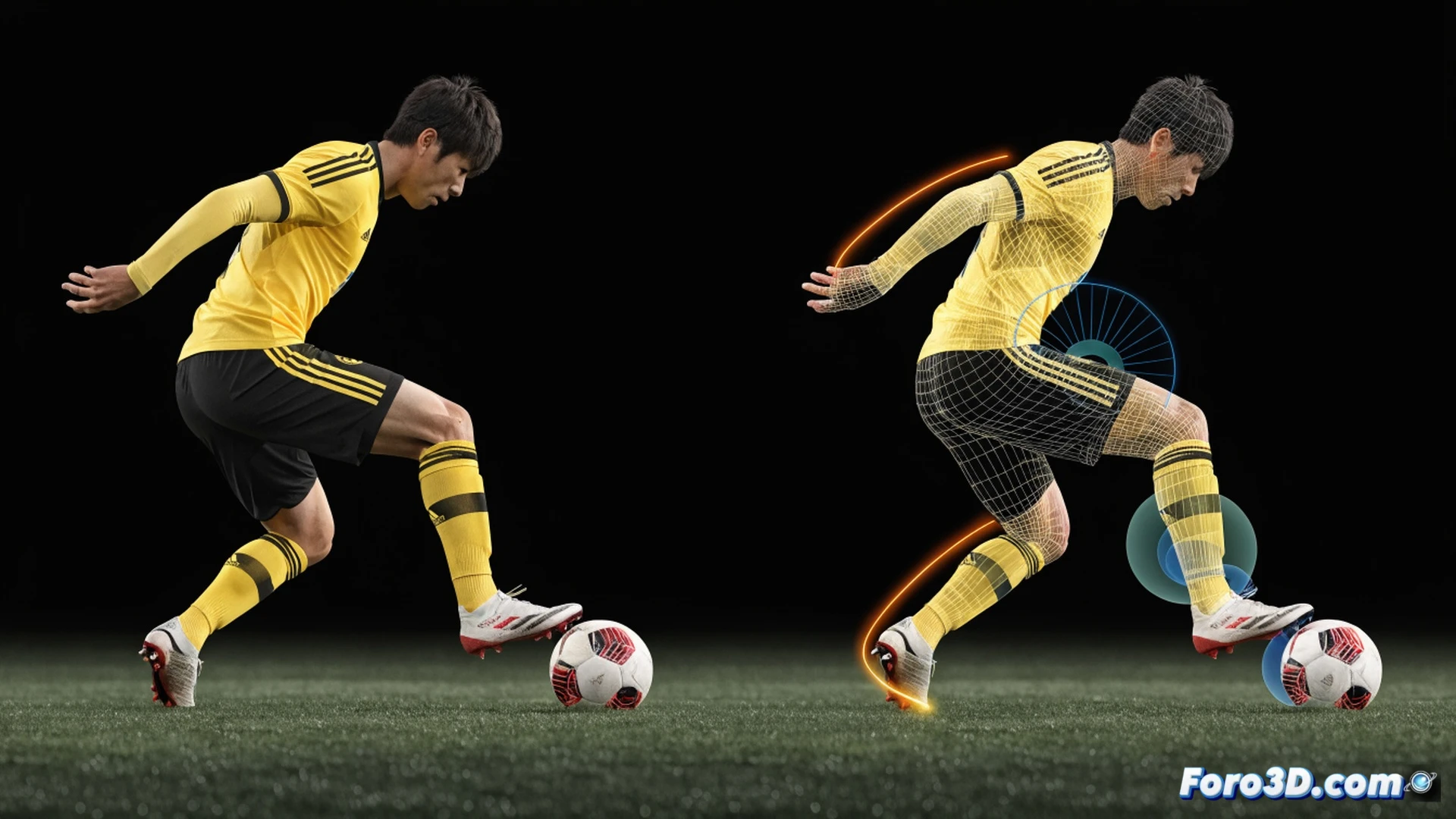 3D tactical analysis of Shinji Kagawa receiving a pass between defensive lines, body half-turned with hip rotation, ball cushioned by inside of right foot, left foot planted for pivot, green pitch with tactical grid overlay, glowing passing lanes and player position dots, isometric view of Borussia Dortmund training facility, wireframe skeleton showing joint angles and footwork timing, cinematic technical illustration, blue and yellow team colors, volumetric stadium lighting, motion blur on ball trajectory, photorealistic sports science render