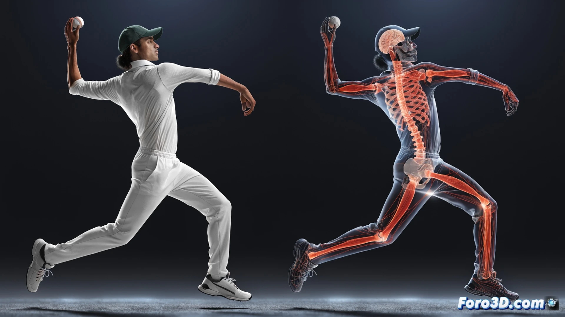 Shoriful Islam mid-delivery stride, high arm angle releasing a cricket ball, wrist cocked showing seam oscillation, explosive front leg drive generating bounce on a fast pitch, 3D biomechanical overlay with skeletal lines and force vectors, motion capture markers on joints, engineering visualization style, photorealistic render, dramatic stadium lighting, muscle definition visible, sweat droplets frozen in motion, dark background with subtle wireframe grid