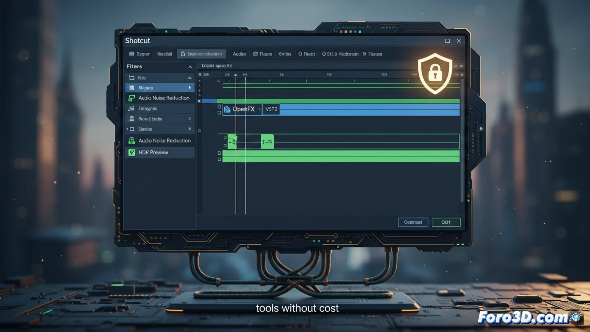 Shotcut video editor interface showing a plugin manager window with OpenFX and VST2 filter lists, a safe mode toggle switch glowing green, audio noise reduction waveform being processed, HDR preview monitor displaying vibrant color gradients, timeline with multiple tracks and effect nodes, cursor dragging a plugin onto a clip, cinematic technical illustration style, clean dark UI, glowing accent lines around active tools, photorealistic software interface render