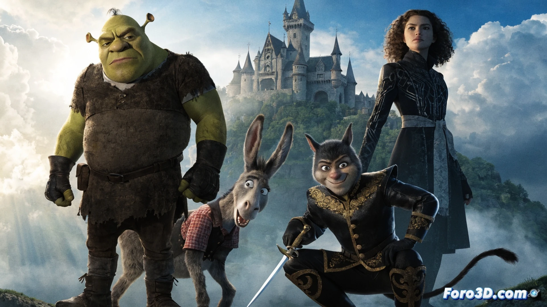 DreamWorks Animation studio scene, Shrek ogre character standing in a motion capture rig, green skin texture scanning with handheld 3D laser scanner, Fiona in a performance capture suit nearby, Burro animated character on a monitor screen, Zendaya silhouette hologram projection of Felicia, engineers adjusting facial capture cameras, cinematic technical visualization, dramatic blue and orange studio lighting, photorealistic render, cables and sensors attached to actors, motion blur on rotating capture rig, ultra-detailed facial expression mapping