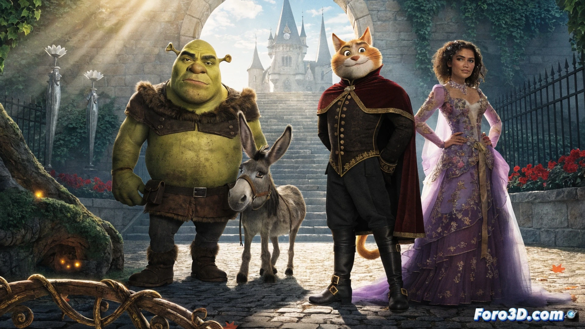 cinematic scene of a green ogre family standing in a swamp workshop, Shrek holding a large mechanical wrench while fixing a wooden cart wheel, Fiona adjusting a glowing crystal lamp beside a drafting table with blueprints, Burro wearing goggles and holding a circuit board with wires, teenage Felicia inspecting a holographic projection of a castle, wooden tools and metallic gears scattered on the ground, warm sunset light filtering through swamp trees, photorealistic technical illustration, detailed textures on ogre skin and wooden machinery, dramatic volumetric lighting, family teamwork demonstration, ultra-realistic fantasy engineering render