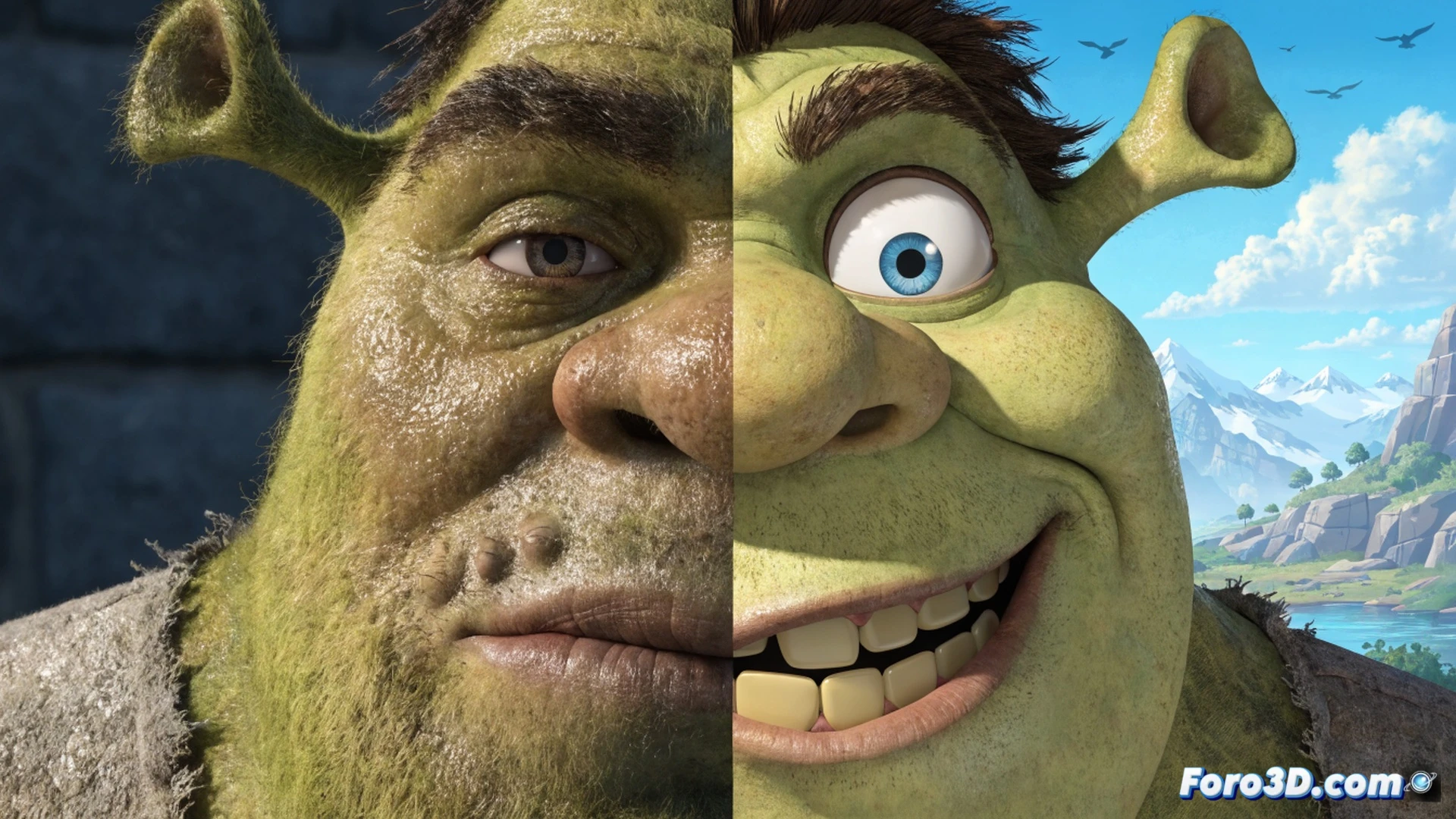 Shrek verde deformándose digitalmente en una tableta gráfica, un brazo robótico de renderizado con luces LED ajusta rasgos faciales exagerados, mientras un monitor muestra líneas de tiempo de animación 3D con nodos simplificados, fondo de estudio con paneles de dibujo conceptual contrastando estilos realista y caricaturesco, cinematic technical illustration, iluminación fría de laboratorio digital, cables USB y hardware de estación de trabajo visibles, partículas de polvo de píxeles flotando durante el proceso de transformación, ultra-detailed mechanical stylus interactuando con la superficie táctil, sombras dramáticas, photorealistic engineering visualization