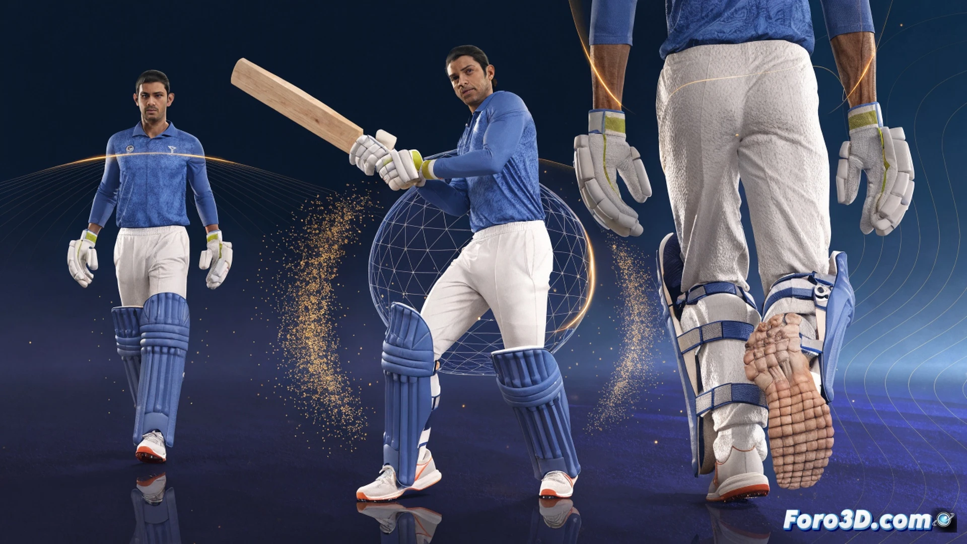 batsman mid-swing against spin bowler in 3D motion capture studio, biomechanical overlay showing footwork trajectory and backlift angle, glowing skeletal lines tracking hip rotation and wrist timing, multiple transparent ghost frames demonstrating weight transfer sequence, cricket pitch with stumps and spinning ball approaching, technical engineering visualization, blue and amber wireframe grid on dark background, precise angular measurements displayed as holographic arcs, photorealistic render with cinematic spotlighting, ultra-detailed muscle tension and joint articulation