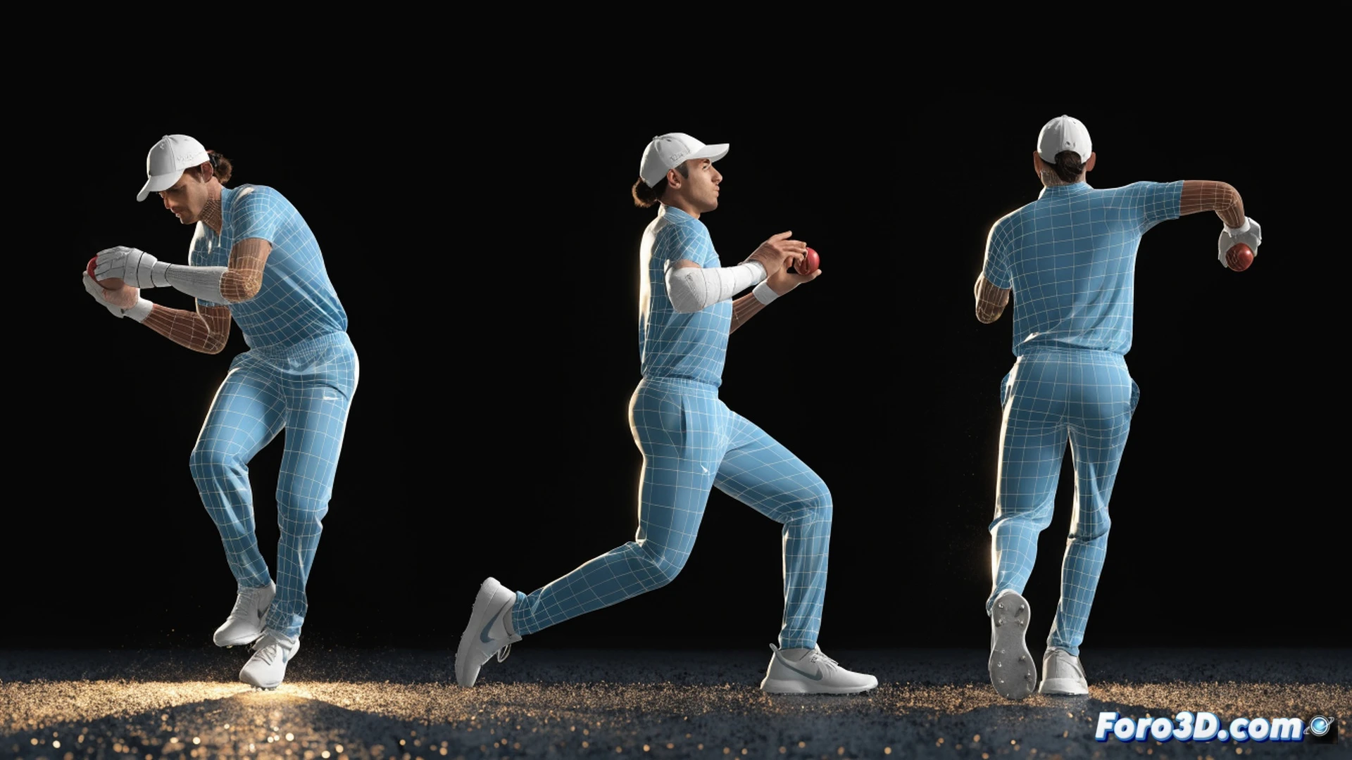 cricket batsman Shubman Gill mid-drive motion capture, right back foot planted adjusting to short delivery, weight shifting forward, left shoulder and right hip aligned, torso stable while arms execute cover drive, 3D skeleton wireframe overlay showing joint angles and force vectors, motion lines tracing footwork path, biomechanical analysis grid on dark background, glowing blue and orange trajectory markers, high-speed action frozen mid-shot, cinematic technical visualization, photorealistic engineering render, dramatic stadium lighting, ultra-detailed muscle and bone structure beneath translucent skin