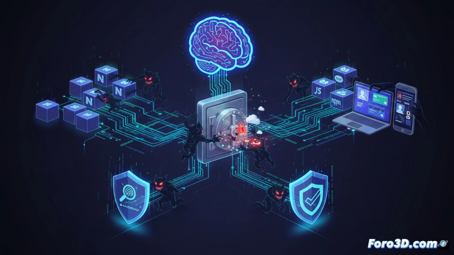 digital malware infection process, malicious code packages labeled NuGet and npm floating in a dark cyberspace, one package cracking open to release glowing red tentacles that reach toward a bank login page and a cloud server icon, while a cracked padlock symbol hangs broken above, antivirus shield icon glowing faintly in the background, cinematic cyberpunk visualization, neon blue and red lighting, data streams flowing like liquid through the scene, photorealistic technical illustration, glowing threat indicators, ultra-detailed circuit board textures, dramatic high-contrast lighting, action of theft in progress