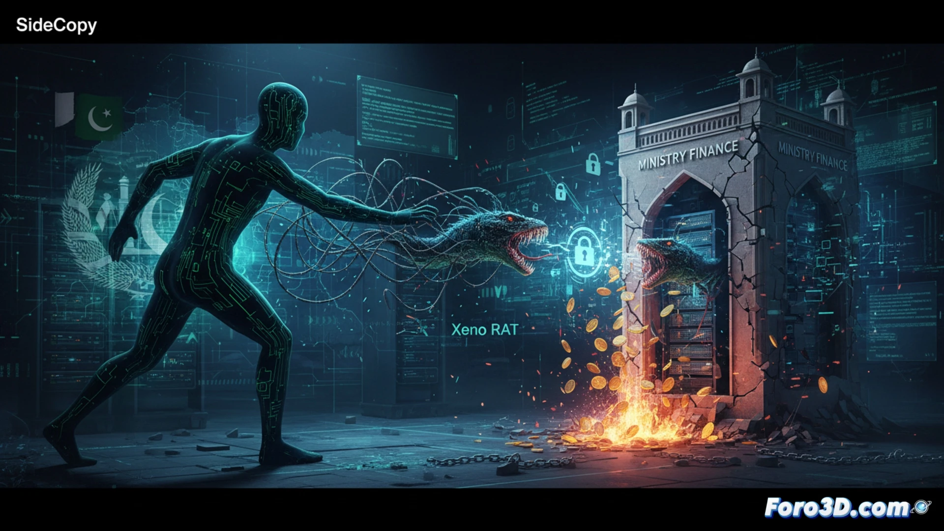 cyber attack scene on Afghan Ministry of Finance server room, glowing Xeno RAT malware interface penetrating a financial database, malicious code streams flowing into banking terminals, stolen credential files being exfiltrated through encrypted tunnels, red alert indicators flashing on network monitors, firewall logs showing intrusion attempts, dark room with blue and red emergency lighting, cinematic technical visualization, photorealistic industrial style, data packets highlighted with neon orange trajectories, dramatic shadows, ultra-detailed server hardware and cabling