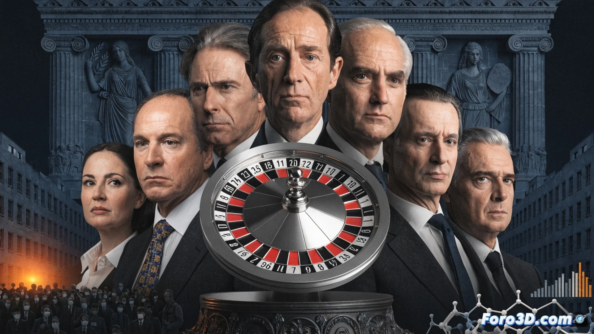 rotating row of seven empty prime ministerial chairs behind a cracked podium, each chair slightly different style showing decade of change, a single torn union jack flag hanging loosely above, broken hourglass on the floor spilling sand, dim parliamentary chamber with dust particles in cold blue light, cinematic political visualization, photorealistic architectural render, dramatic shadows from high windows, worn leather and wood textures, abandoned atmosphere showing leadership instability, ultra-detailed interior decay