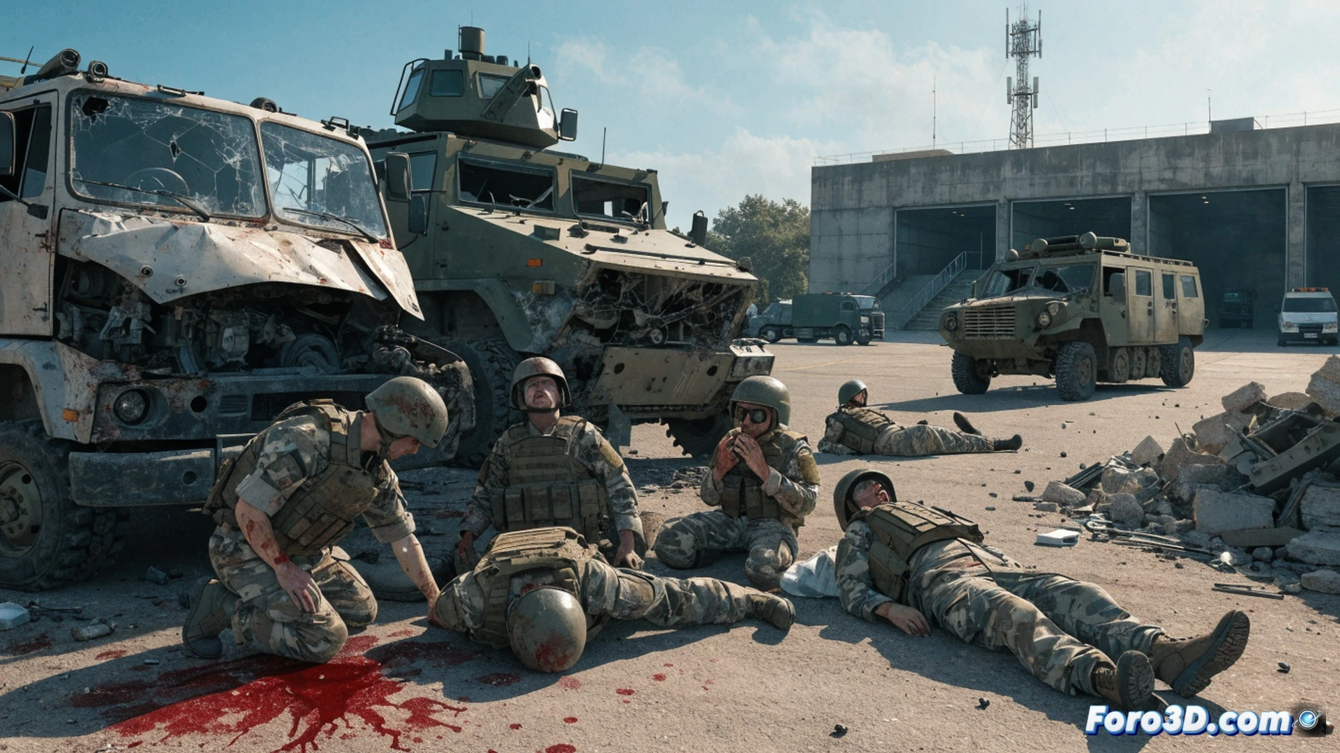 Milex 26 military convoy accident scene, six-wheeled armored vehicle overturned on dusty terrain at Campo de San Gregorio, military medics in uniform extracting a soldier from the damaged cabin while another soldier lies on a stretcher with a cervical collar, two tow trucks with cables approaching the wreck, dust clouds rising under harsh midday sun, realistic photojournalistic style, tactical gear visible, emergency lights flashing, dramatic tension, hyper-detailed textures of military fatigues and vehicle armor