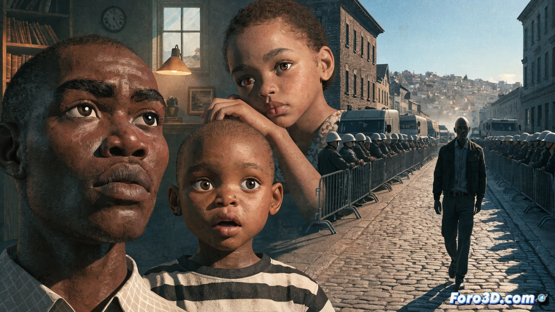 Cinematic aerial view of three animated films merging into a single frame, Apart showing two children of different races embracing under a harsh South African sun while shadows of apartheid laws loom, Beyond Words featuring a young Viking girl carving a rune into a stone tablet with a chisel, 18 Months depicting a family signing adoption papers at a wooden table, each scene connected by glowing film reels and motion lines, soft golden hour light, photorealistic render, ultra-detailed textures, emotional facial expressions, dramatic lighting, symbolic visual storytelling