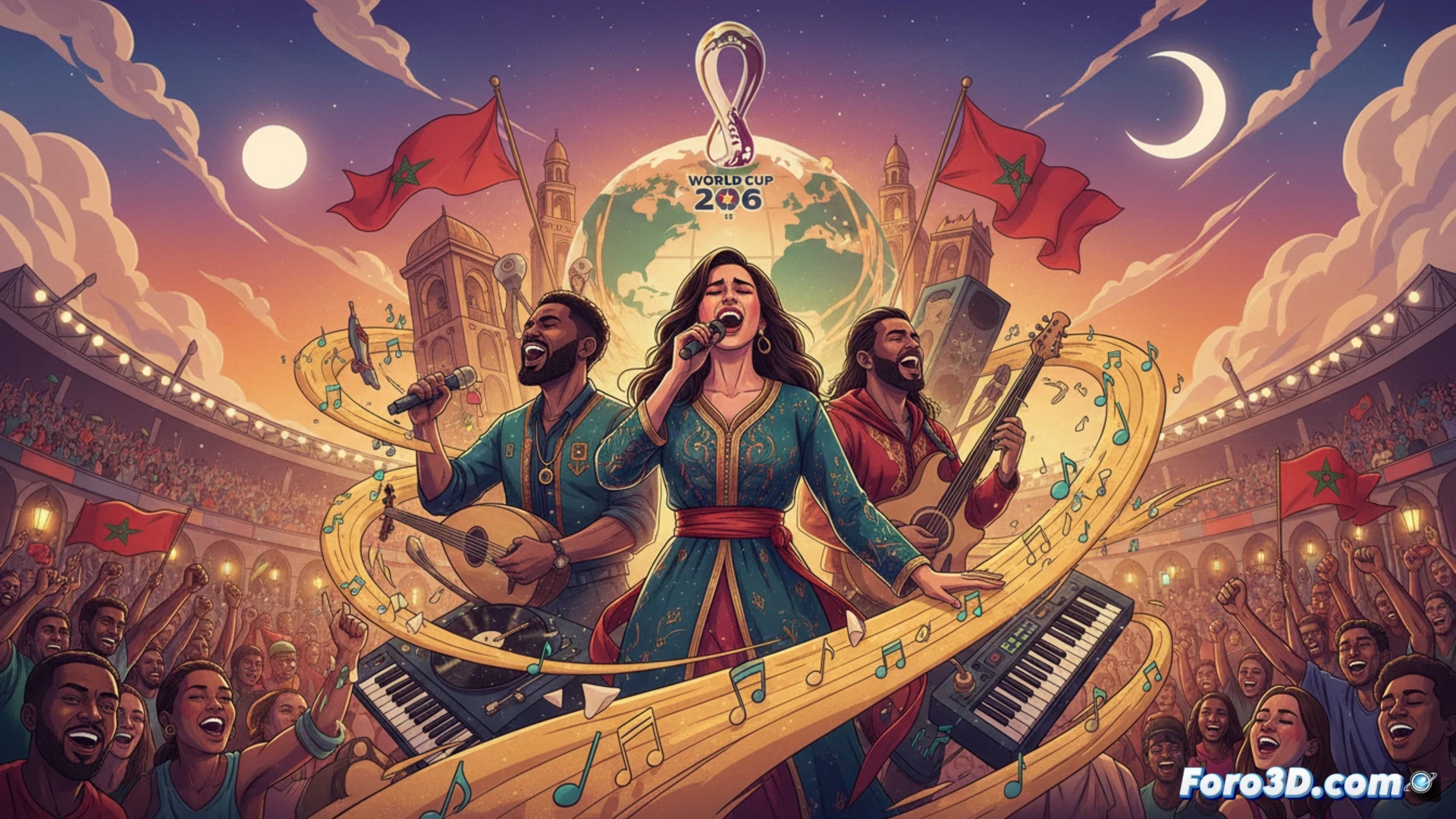 Moroccan musicians recording in a high-tech studio, Nora Fatehi adjusting studio microphone while Vegedream monitors audio levels on a digital mixing console, Sanjoy programming electronic beats on a synthesizer, sound waves visualized as glowing lines on a computer screen, traditional Gnawa instruments placed beside modern recording gear, headphones hanging, cables connecting audio interface to laptop, cinematic photorealistic style, dramatic blue and amber studio lighting, reflective glass walls showing Marrakech skyline at dusk, ultra-detailed equipment textures, energetic creative atmosphere, technical music production scene