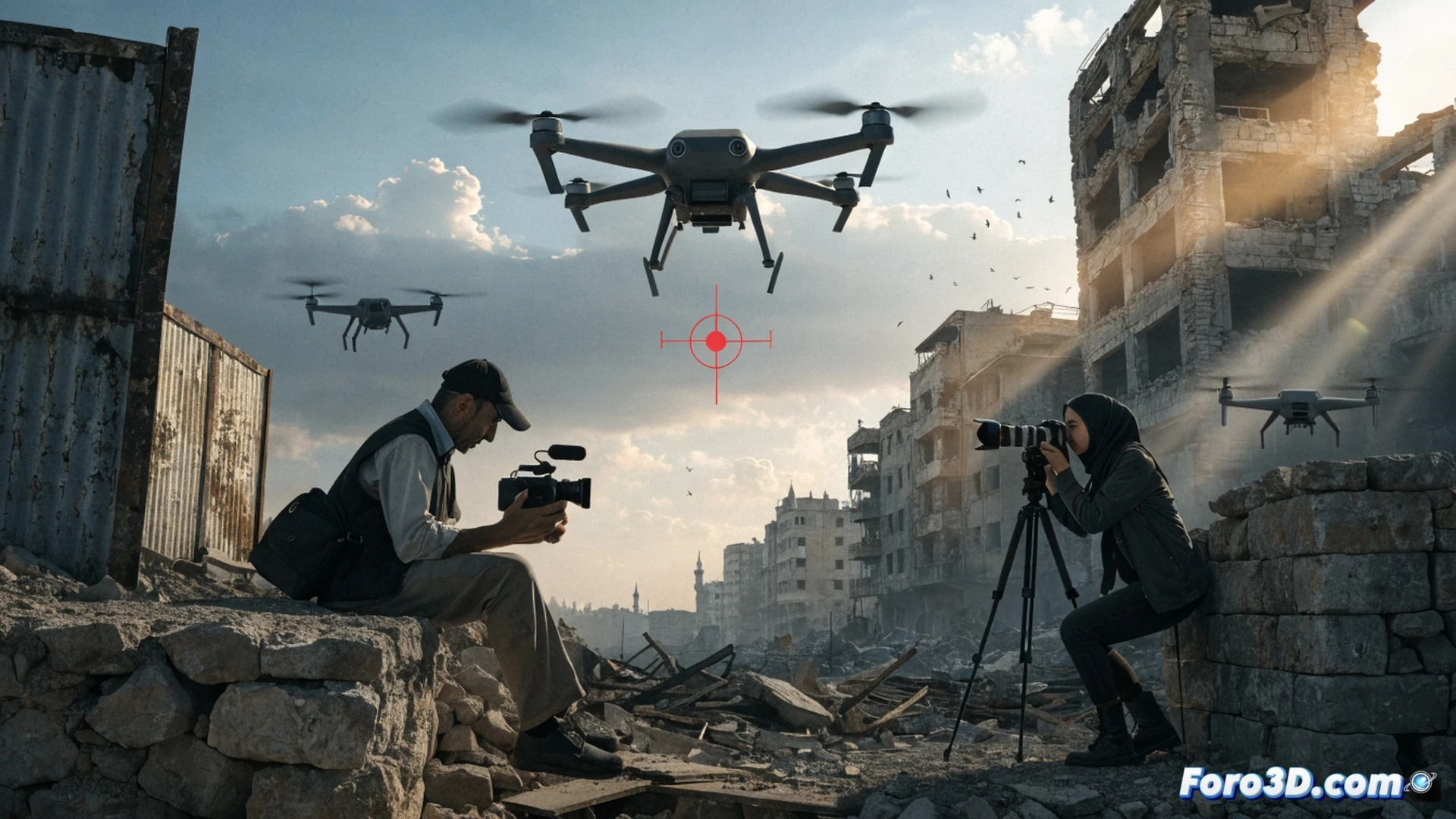 journalist lying on rubble holding a dented camera with cracked lens, broken press vest with faded logo, twisted metal tripod nearby, smoke rising from destroyed concrete building in background, military drone shadow passing overhead, scattered notebook pages with burnt edges, dust particles floating in harsh sunlight, cinematic photorealistic war photography style, dramatic chiaroscuro lighting, debris field stretching into distance, abandoned microphone with severed cable, wide-angle perspective showing destruction scale, ultra-detailed textures on shattered equipment, muted earth tones with emergency red accents