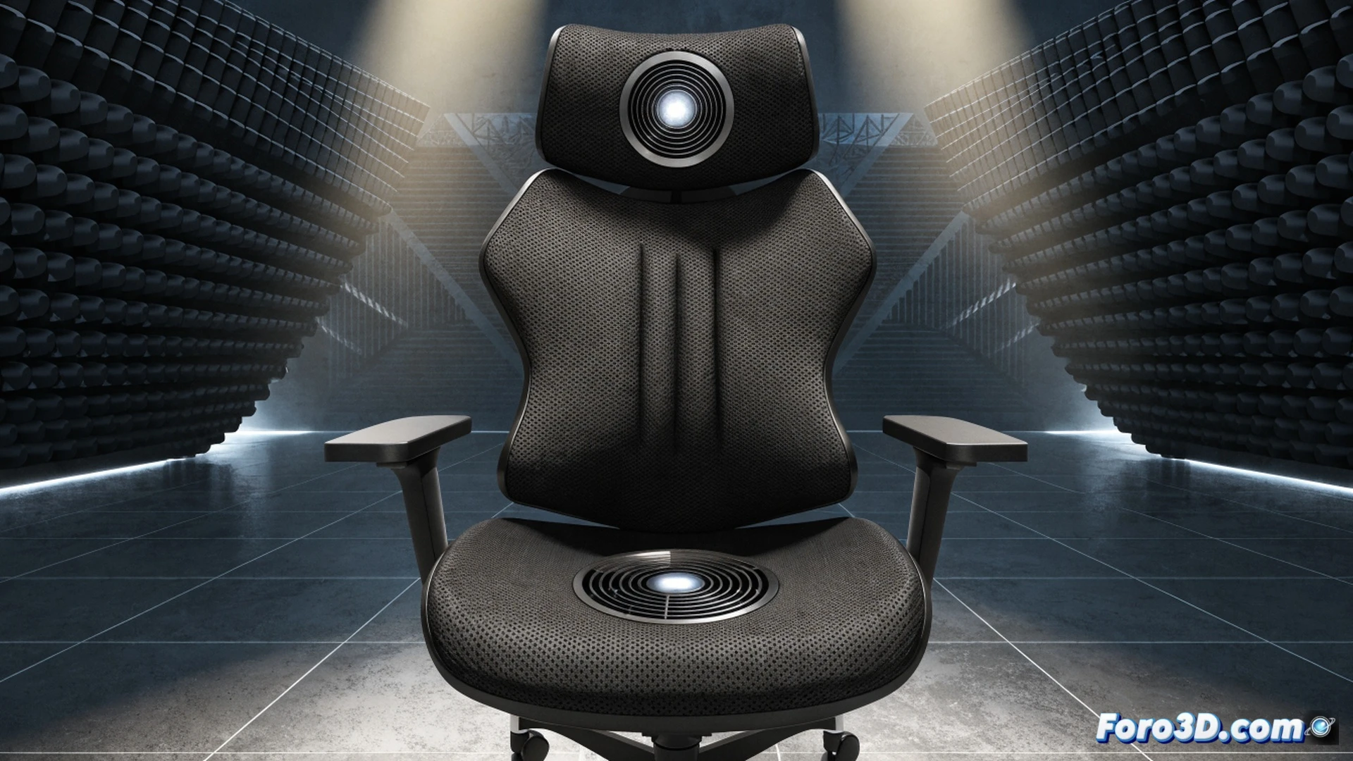 ergonomic gaming chair with integrated cooling fans in backrest and seat cushion, airflow vents actively blowing cool air streams, person sitting while typing on a laptop during a heatwave, desk with technical gadgets and a glass of water, cinematic engineering visualization, realistic fabric texture and metallic chair frame, blue LED glow from fan controls, motion lines showing air circulation, photorealistic product render, dramatic indoor lighting with warm sunlight filtering through blinds, ultra-detailed mesh material and mechanical fan grilles
