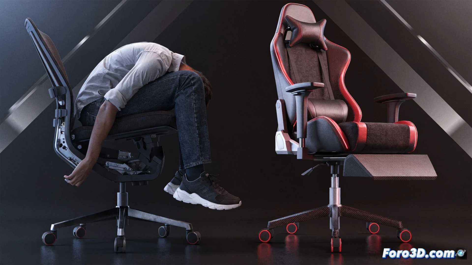Ergonomic office chair mid-collapse, backrest mechanism snapping backward while user lunges forward to avoid fall, broken lumbar support piston exposed, metal shards and torn mesh visible, chair base tilting dangerously, user's hands gripping desk edge for stability, nearby gaming chair with reinforced steel frame and sturdy wheels contrasting the failing chair, cinematic engineering visualization, dramatic side-angle shot, photorealistic industrial lighting, motion blur on falling debris, ultra-detailed mechanical failure textures, technical illustration style