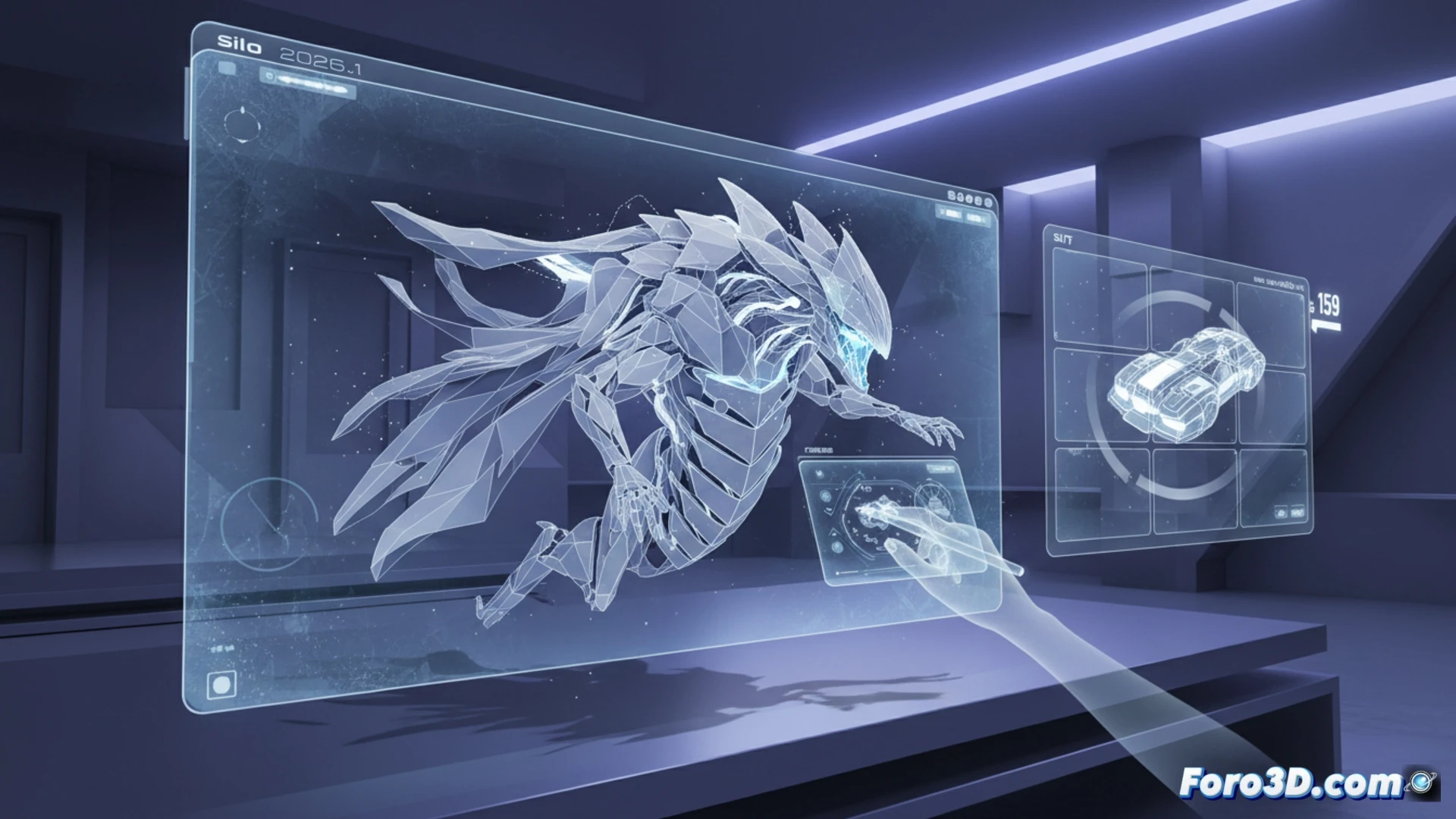 3D modeling software interface showing a character mesh being sculpted in real-time, polygon wireframe glowing blue as a digital hand manipulates vertices, glTF file export icon floating beside the tool palette, viewport rendering at extreme speed with motion trails fading behind each edit, cinematic technical illustration style, sleek dark UI with neon accent lighting, photorealistic material preview on the model, depth of field focusing on the active brush tool, subtle particle effects around the cursor demonstrating rapid response