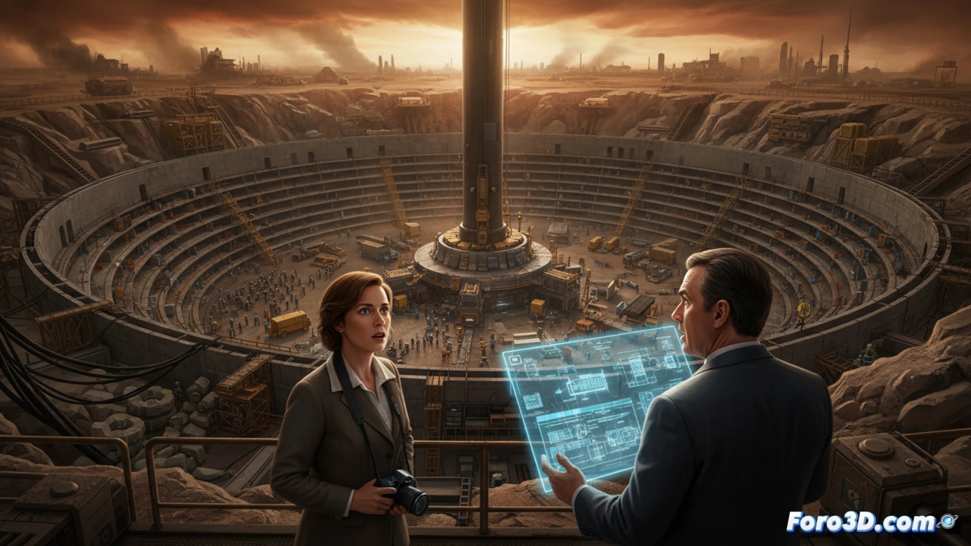 massive subterranean silo interior cross-section, towering metallic walls with circular levels connected by spiral staircases, bright orange hazmat suit hanging on a wall hook, broken mechanical airlock door with exposed gears and pipes, dim emergency lighting casting long shadows, a woman in dirty coveralls standing at the edge of a dark shaft, holding a rusted wrench, dust particles floating in a beam of light, cinematic photorealistic engineering visualization, industrial decay, claustrophobic atmosphere, ultra-detailed steel beams and rivets, dramatic chiaroscuro lighting, technical illustration style with precise mechanical elements