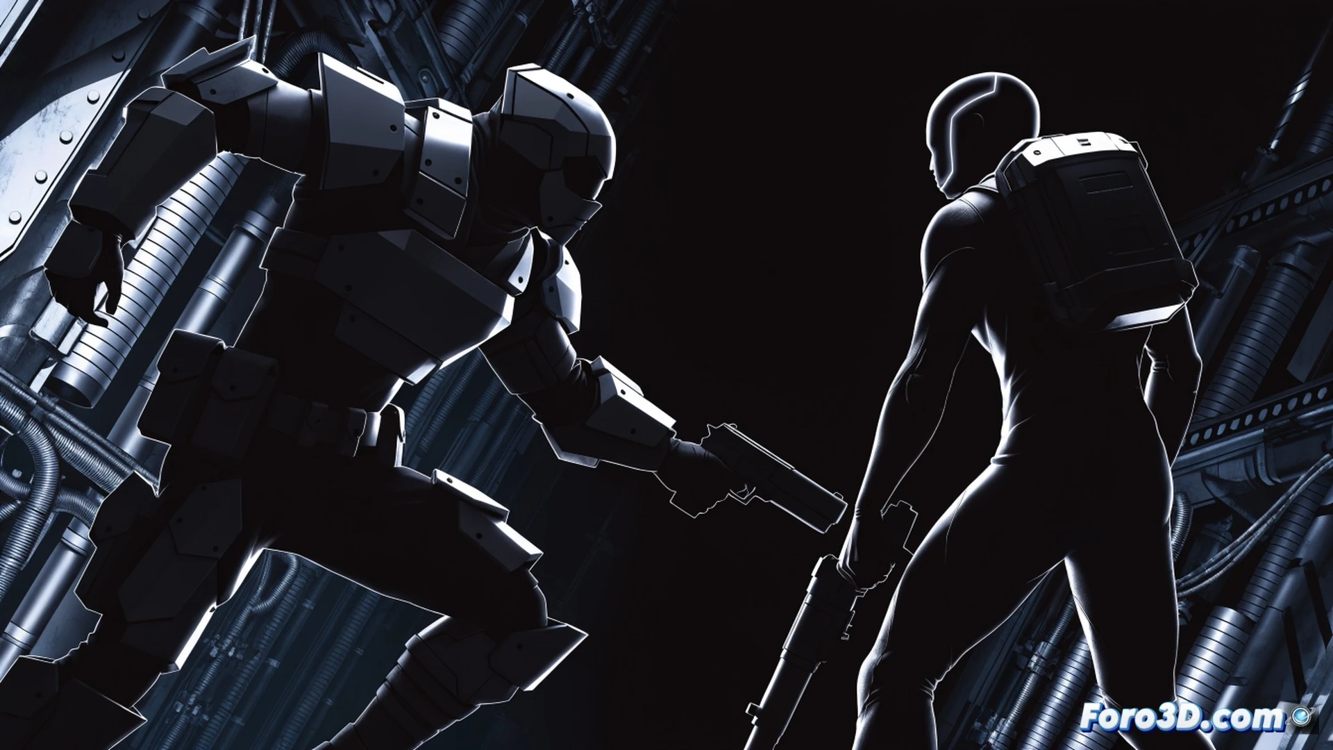 Two stylized shooter characters in mid-firefight, one blue and one red, silhouettes sharp against a neon city backdrop, particle effects and tracer fire creating visual noise, a player cursor hovering over the red enemy with a glowing outline for clarity, minimalist weapon models with no surface detail, high contrast lighting, flat shaded technical illustration style, cinematic action shot, demonstrating competitive readability over realism