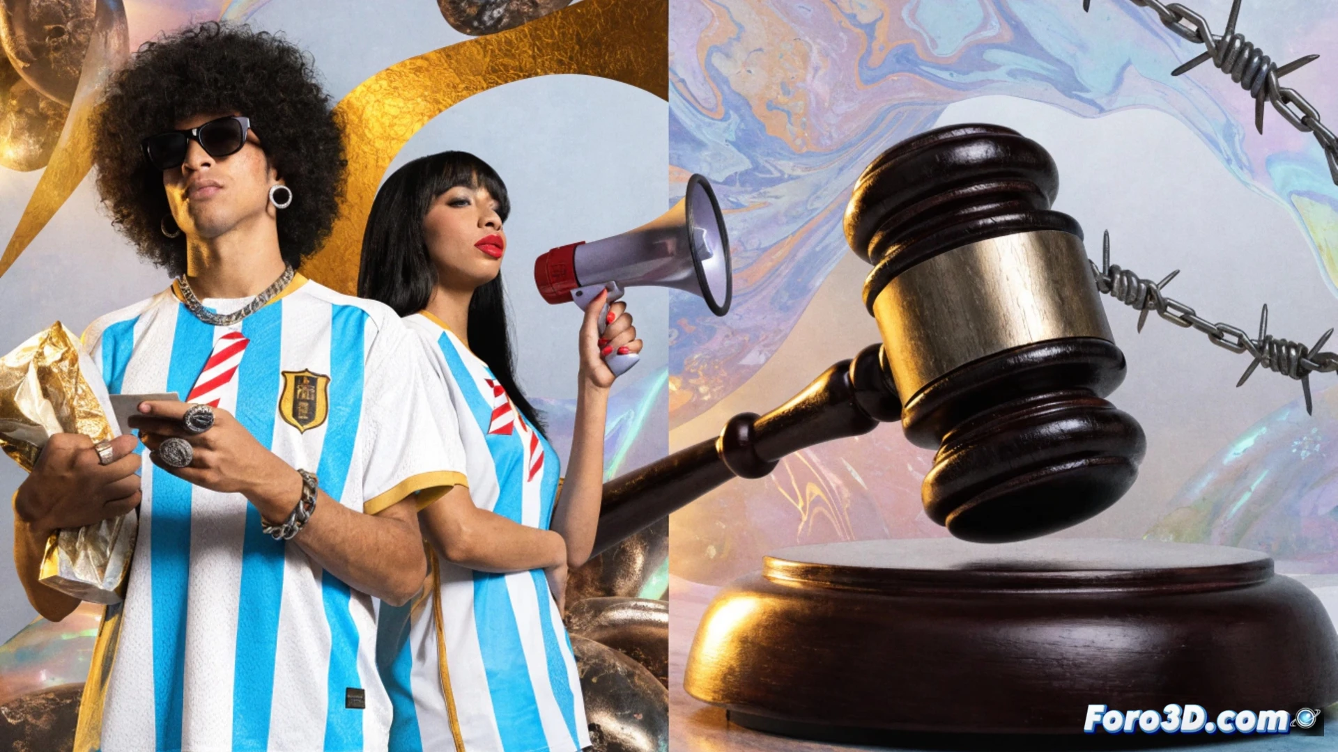 Photorealistic cinematic scene of a political rally stage, a candidate gripping a blue-and-white striped soccer jersey like a campaign banner, the fabric stretching taut while microphones and teleprompters frame the action. Behind, a giant screen shows a judicial gavel splitting into two halves, one side glowing with patriotic colors, the other side cracking into voting booths. The crowd’s faces are half-illuminated, some cheering, others turning away, as a transparent ethical pact document floats above, unsigned. Dramatic chiaroscuro lighting, high-contrast shadows, technical visualization of symbolic manipulation, ultra-detailed textures of fabric, wood, and metal.