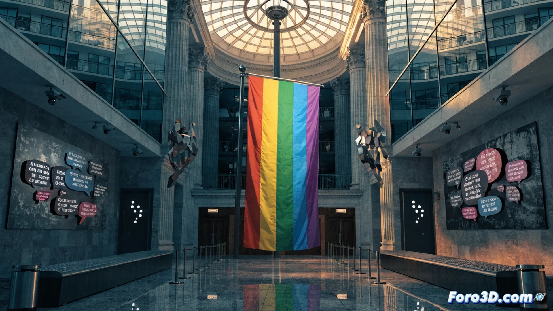 photorealistic wide shot of a government building facade, a large LGTBI flag hanging motionless while a shadowy figure projects hate speech text onto the wall, the flag casting a faint reflection on polished marble steps, a judge’s gavel and law book lying unused on a nearby bench, cracked pavement showing roots growing through it, cinematic lighting with cold blue and warm gold contrast, ultra-detailed architectural textures, symbolic tension between displayed inclusion and ignored intolerance, technical illustration style