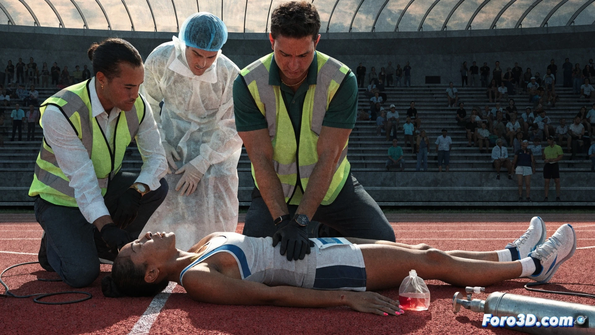 photorealistic scene of a female runner collapsing on a synthetic athletic track, medical team sprinting toward her carrying an automated external defibrillator and emergency oxygen kit, one medic already performing chest compressions, another opening a trauma bag, stadium lights illuminating the scene, crowd in blurred background, dramatic cinematic lighting, high-angle shot capturing the urgency, technical detail of defibrillator pads and rescue equipment, realistic human anatomy in distress, motion blur on running medics, ultra-detailed sports gear and medical tools, cinematic medical emergency visualization