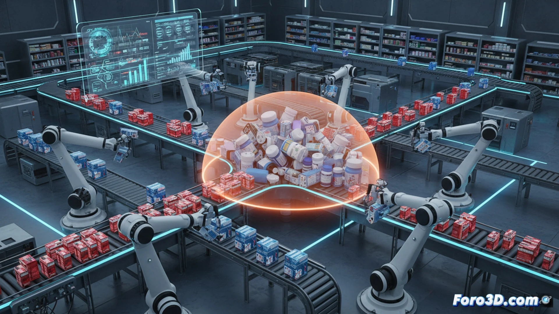 Simulación 3D de atasco en flujo de medicamentos de farmacia robótica logística industrial