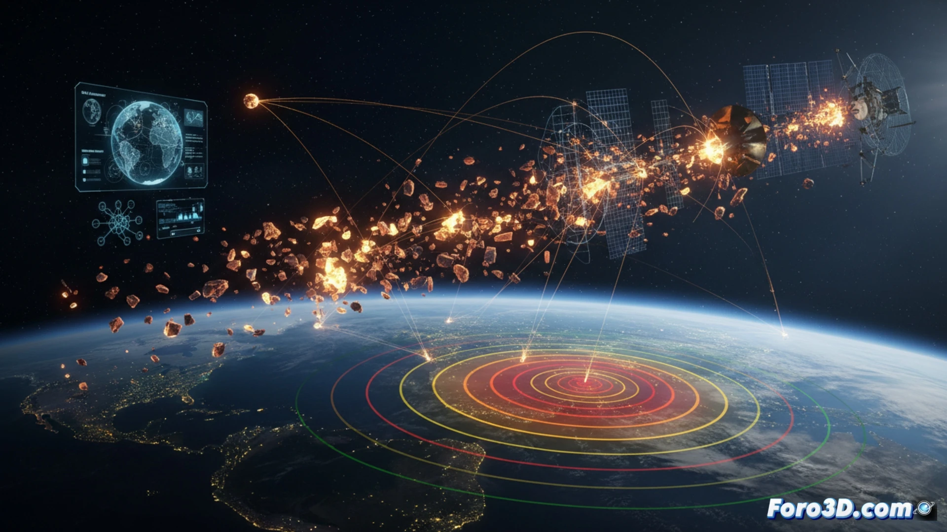 Simulación 3D de desprendimiento orbital con trayectoria de reentrada y fragmentación atmosférica sobre mapa terrestre