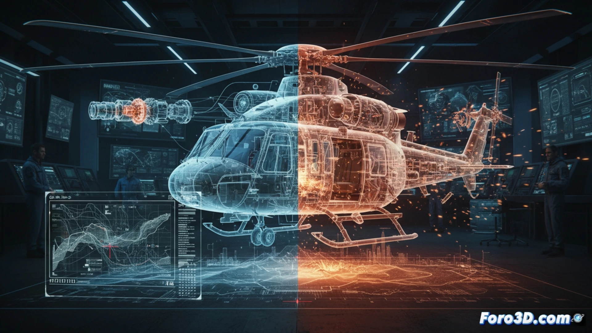 Simulación 3D de falla en helicóptero, gemelos digitales analizan componentes críticos para prevención de accidentes
