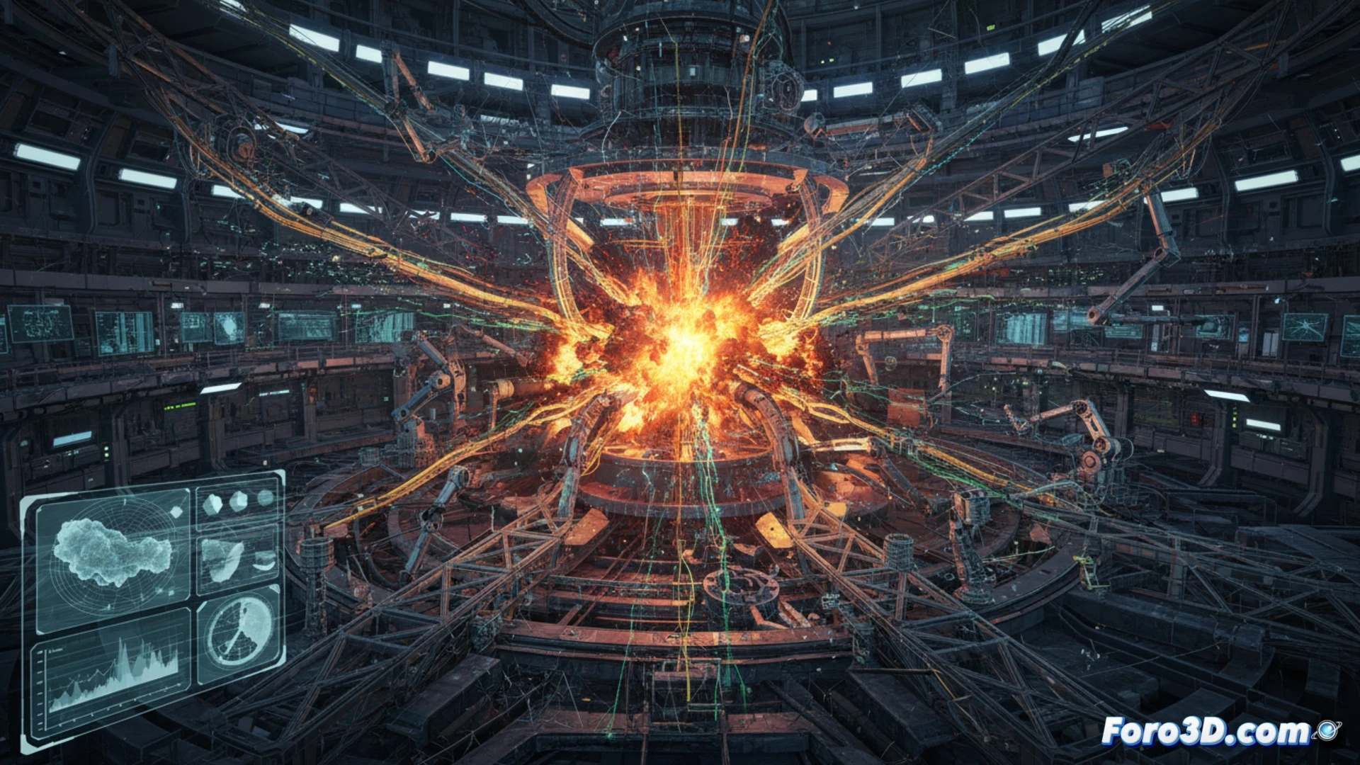 Simulación 3D de falla en planta de fusión nuclear con propagación térmica y colapso estructural del reactor