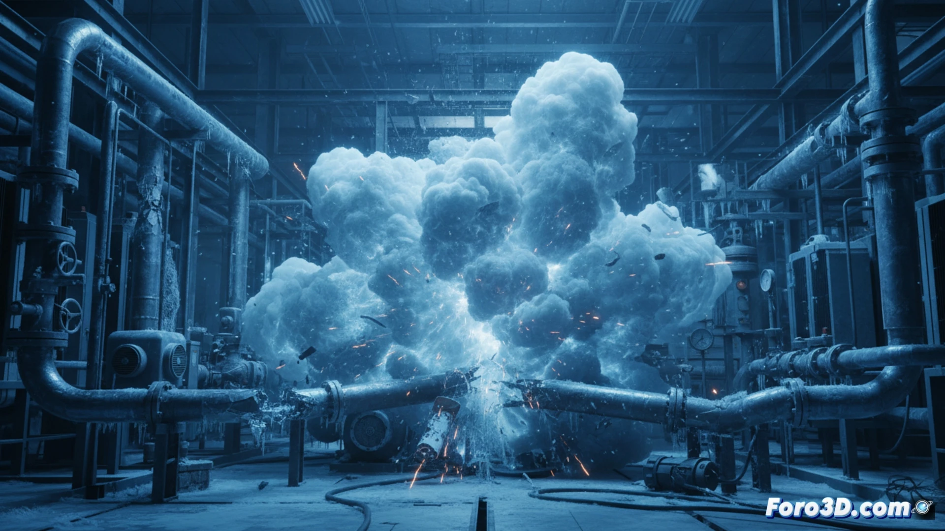 Simulación 3D de falla transcrítica en sistema de CO2 mostrando tuberías, válvulas y nube de fuga a alta presión