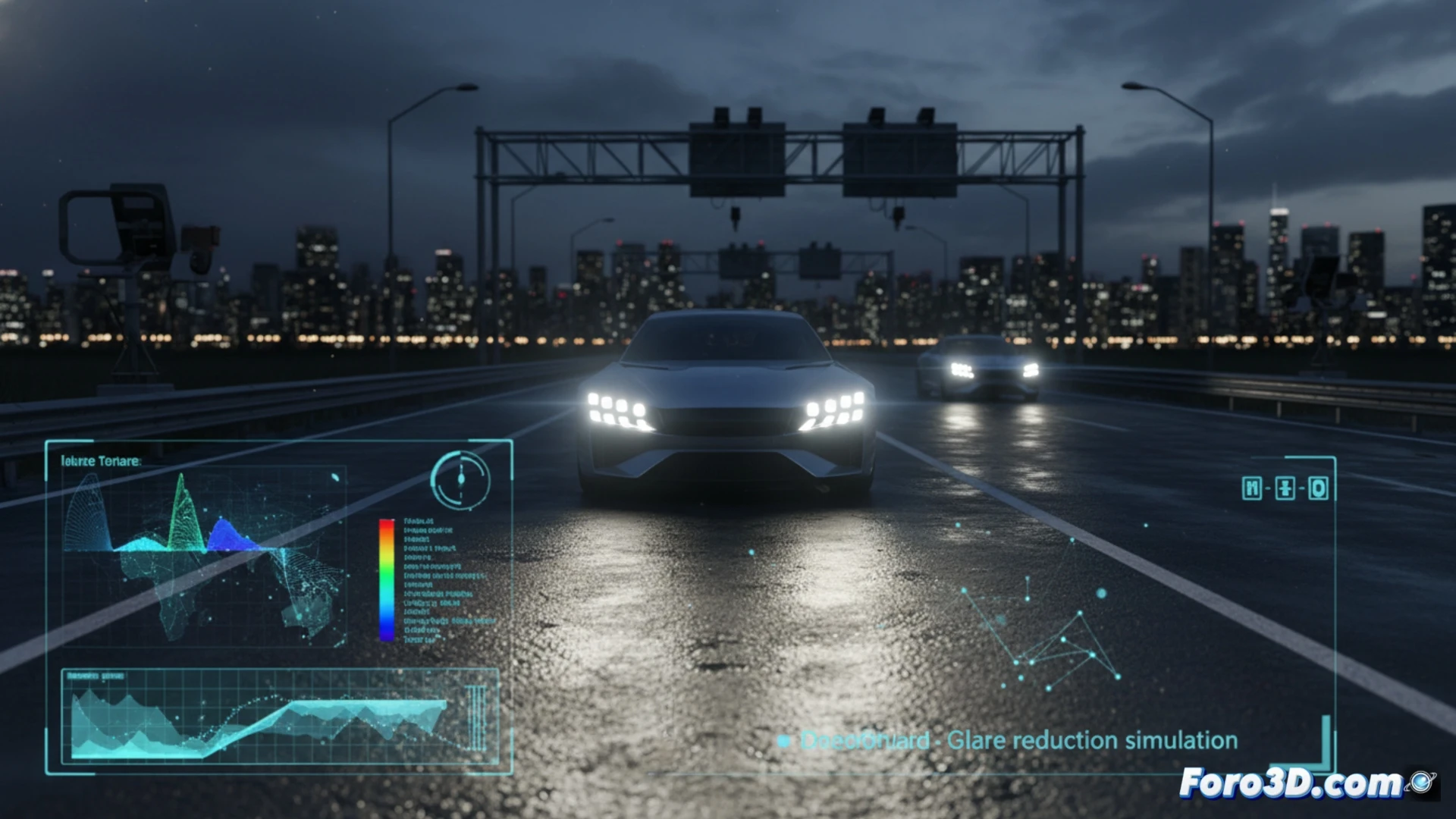 Simulación 3D de haz LED en carretera nocturna para reducir deslumbramiento y mejorar seguridad vial