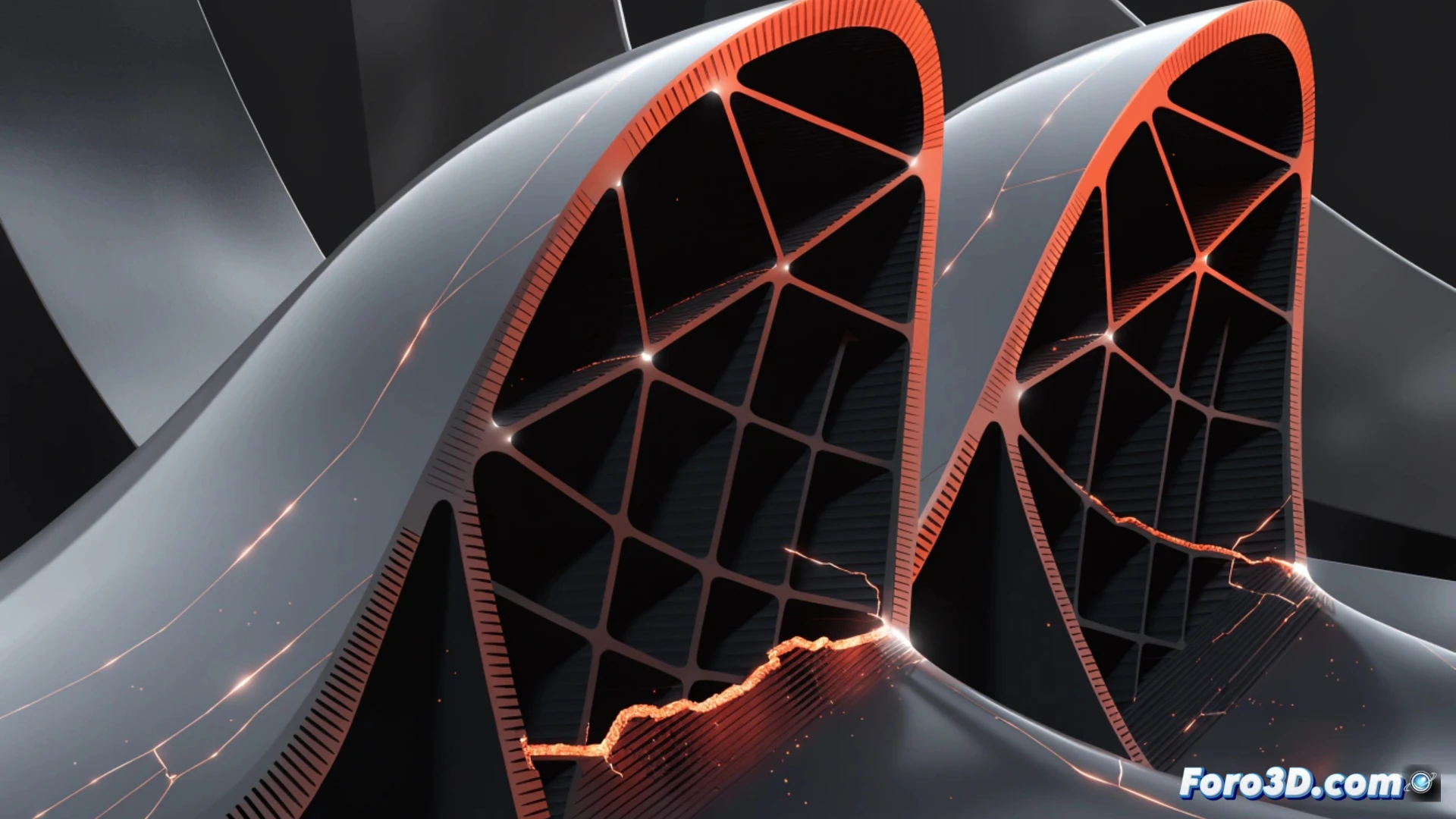 Simulación 3D de fatiga en álabes de turbina eólica mostrando grietas y deformación estructural por elementos finitos