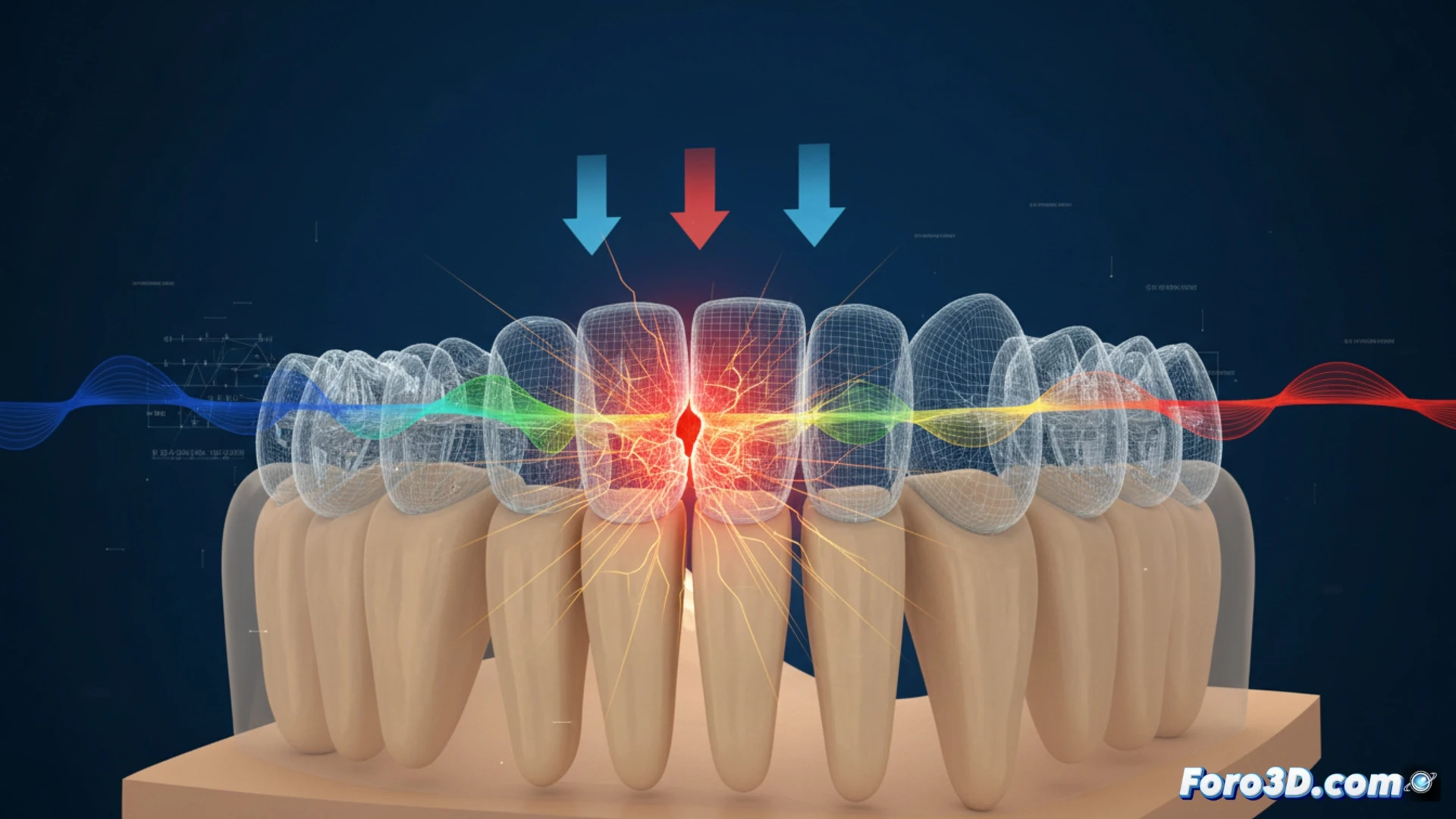 Simulación 3D por elementos finitos de fatiga en puente dental cerámico mostrando concentración de tensiones y punto de fractura